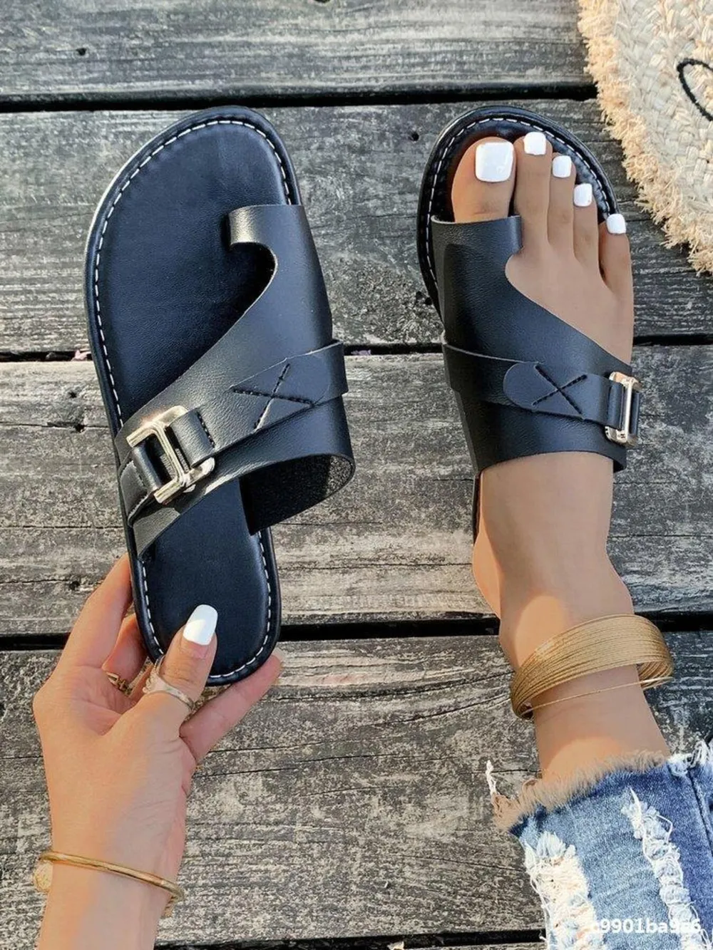 Casual Toe Ring Buckle Flat Sandals, image 3