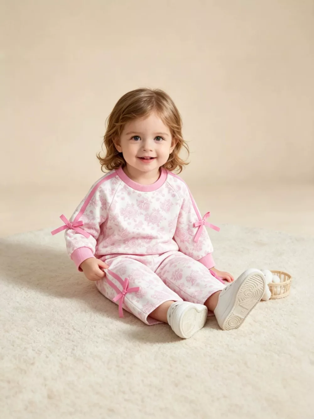 Children's Floral Print Round Neck Top and Pants Two-Piece Lounge Set, image 5