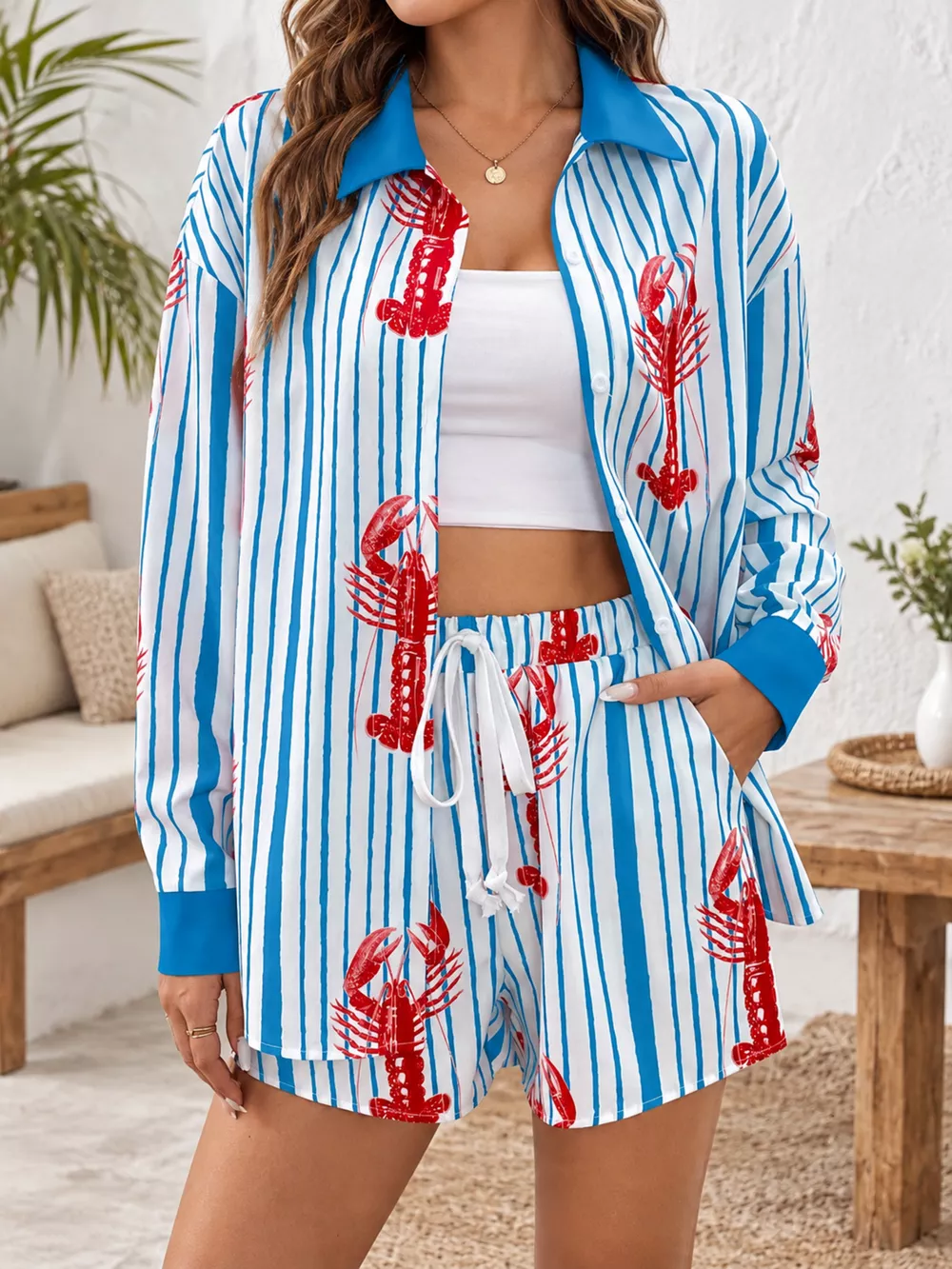 Lobster Print Striped Button-Down Shirt and Shorts Set, image 3