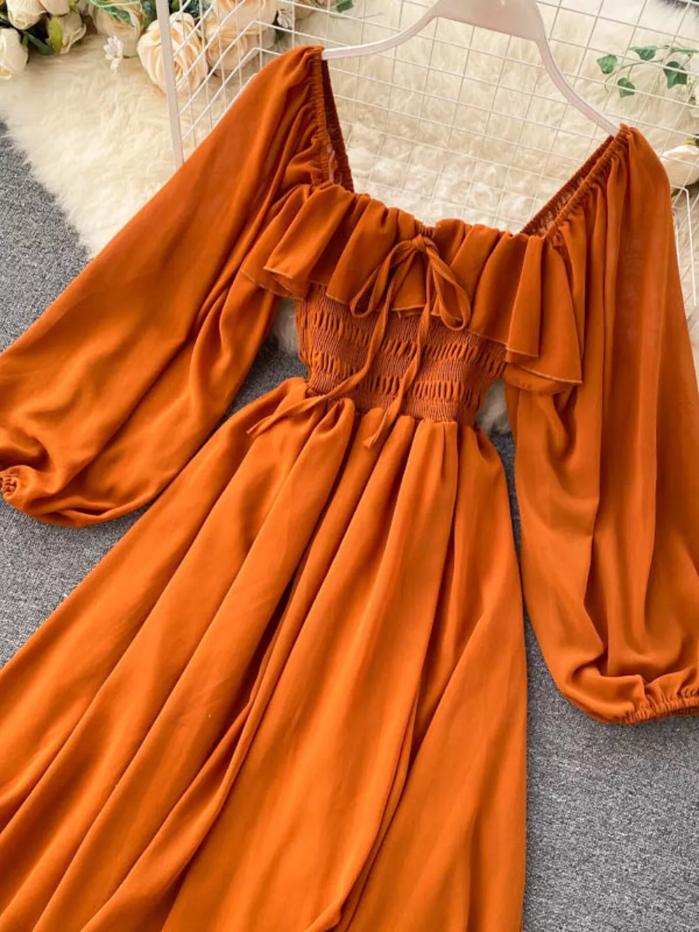 Ruffle Square Neck Balloon Sleeve A-Line Dress, image 4