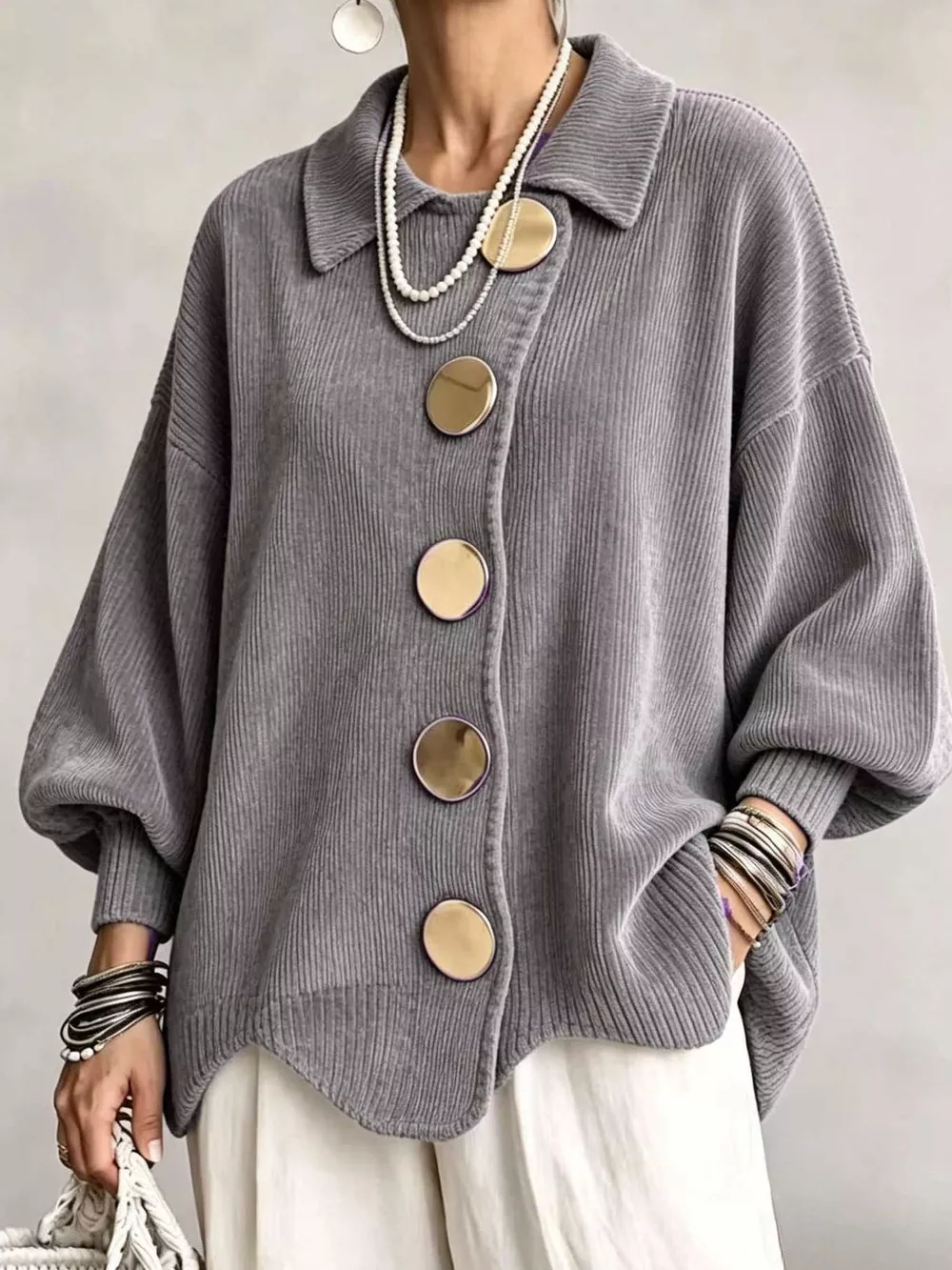 Full Size Ribbed Knit Gold Buttons Cardigan Plus Size, image 25