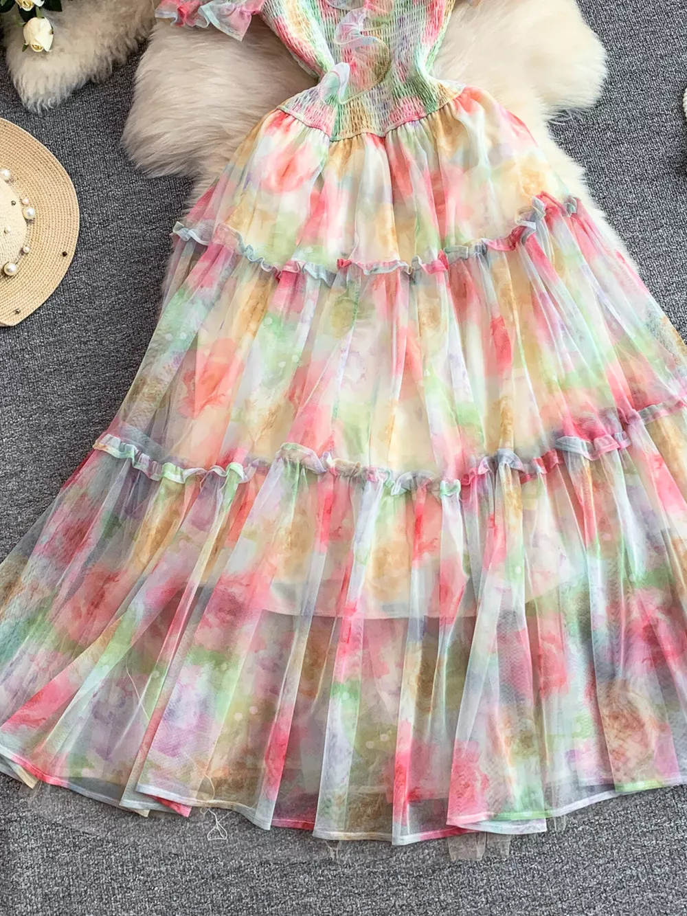 Smocked Floral Tiered Mesh Midi Dress, image 24