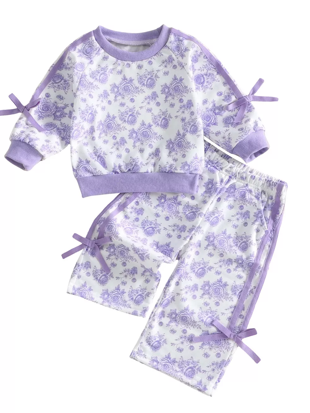 Children's Floral Print Round Neck Top and Pants Two-Piece Lounge Set, image 3
