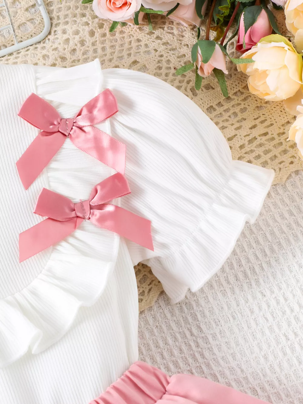 Children's Ruffle Trim Bow Decor Top & Layered Skirt Set, image 2