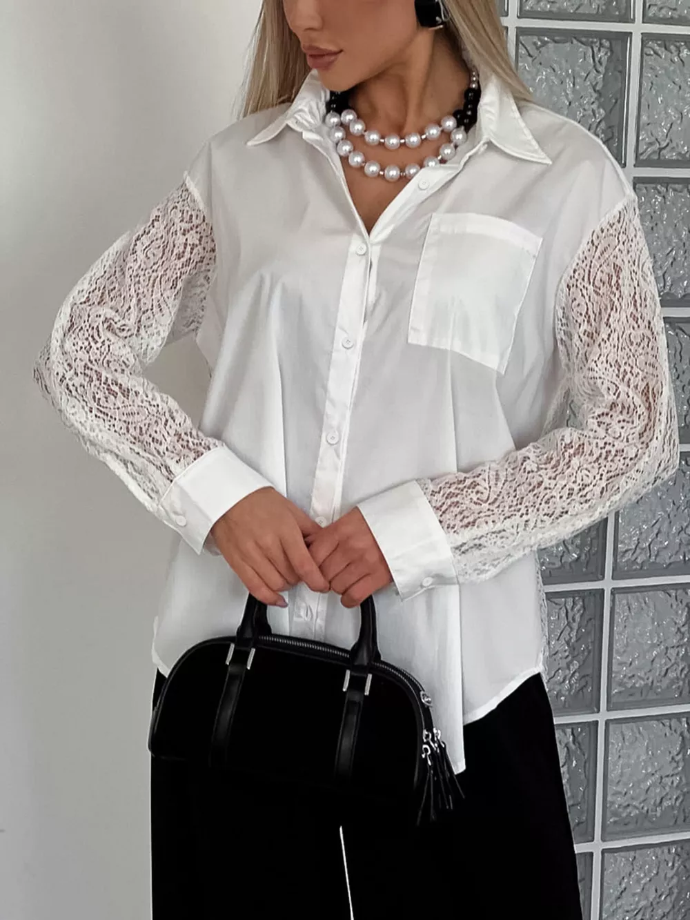 Lace Sleeve Button-Down Shirt, image 4