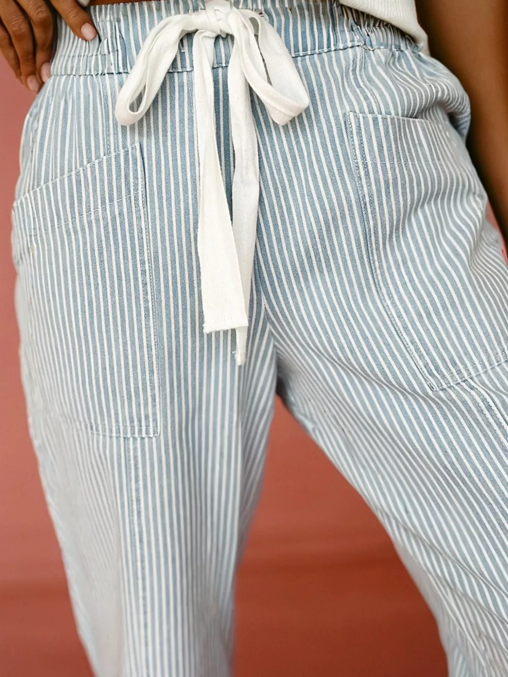Stripe Mid Rise Drawstring Waist Jeans, image 11
