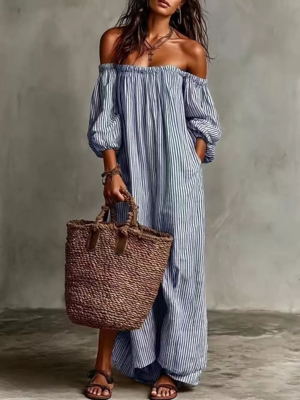 Full Size Off-Shoulder Striped Maxi Dress with Puff Sleeves Plus Size, image 11
