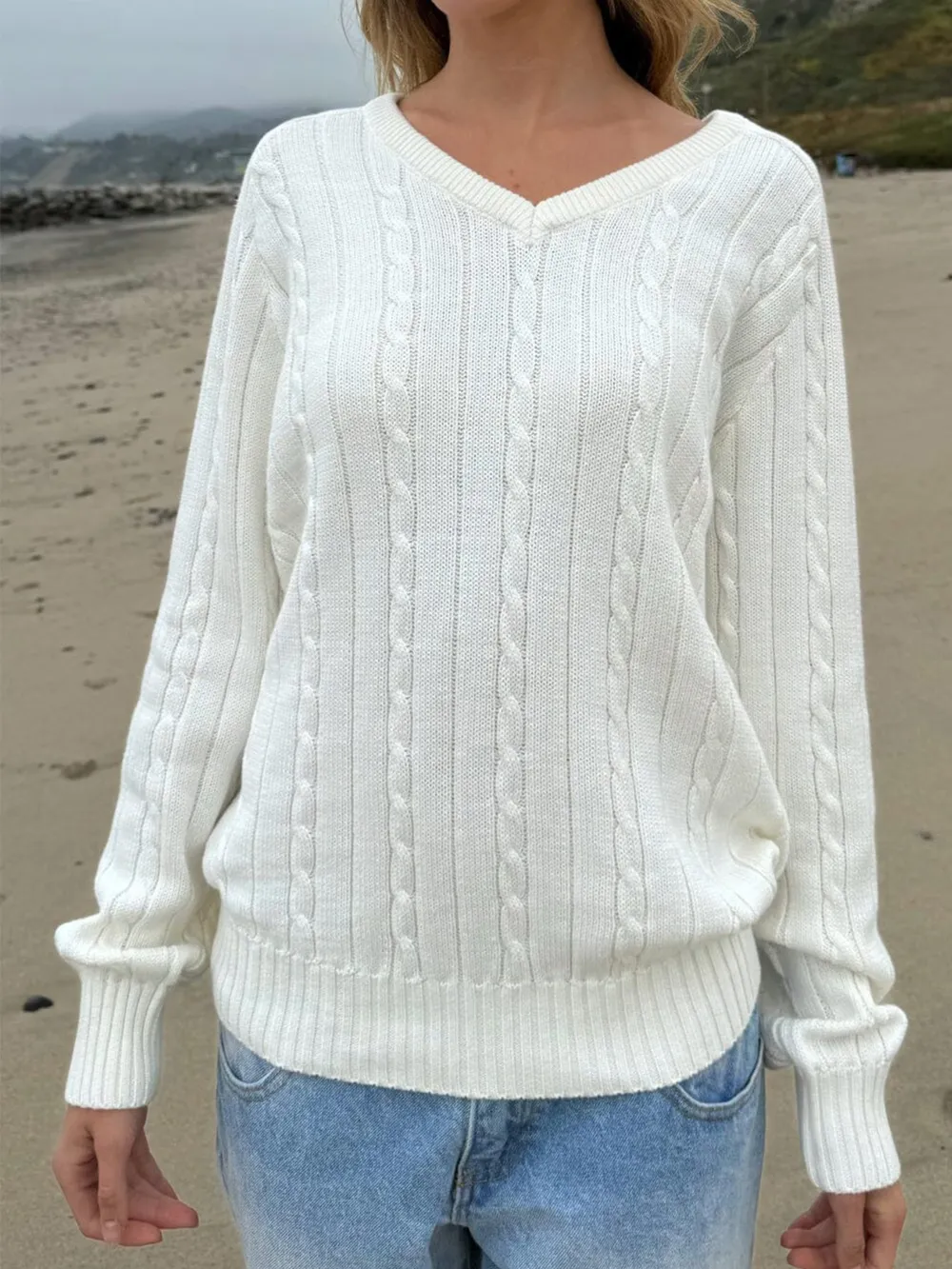 Cable Knit V-Neck Pullover Sweater, image 4