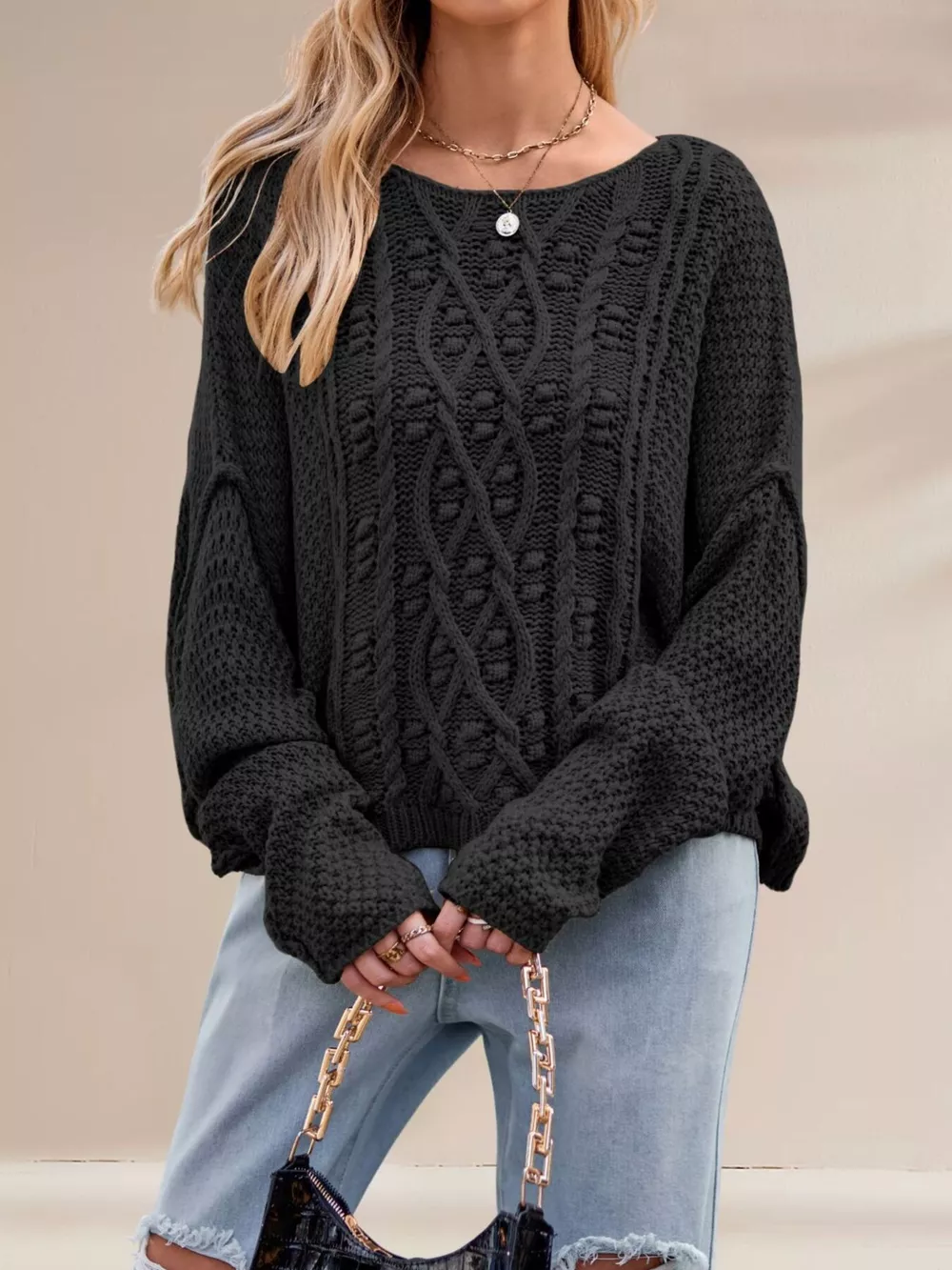 Cable Knit Dropped Shoulder Sweater, image 5