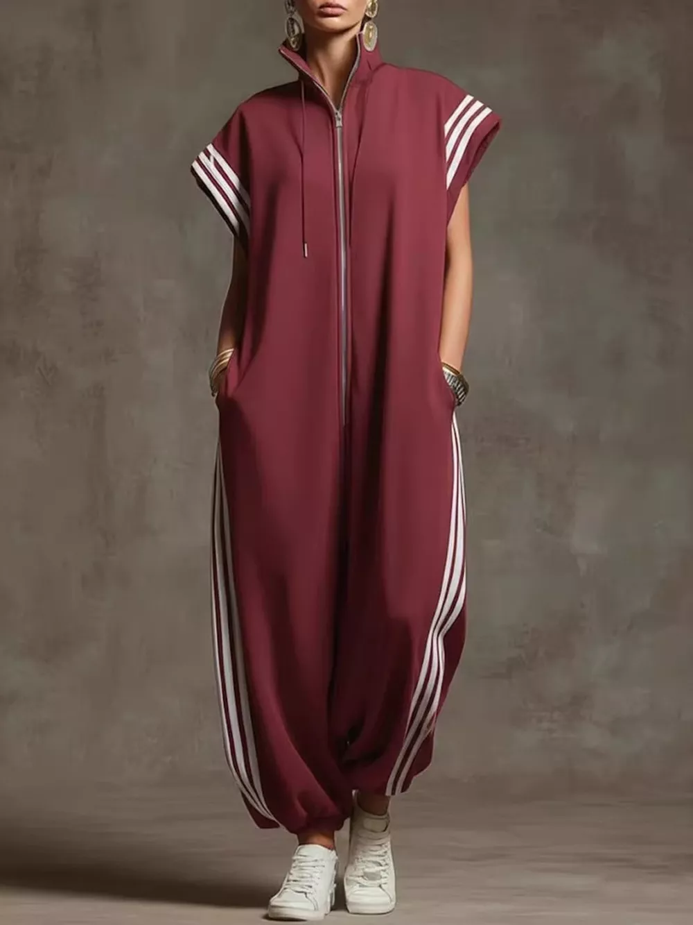 Full Size Side Stripe Zip-Front Wide Leg Jumpsuit Plus Size, image 9