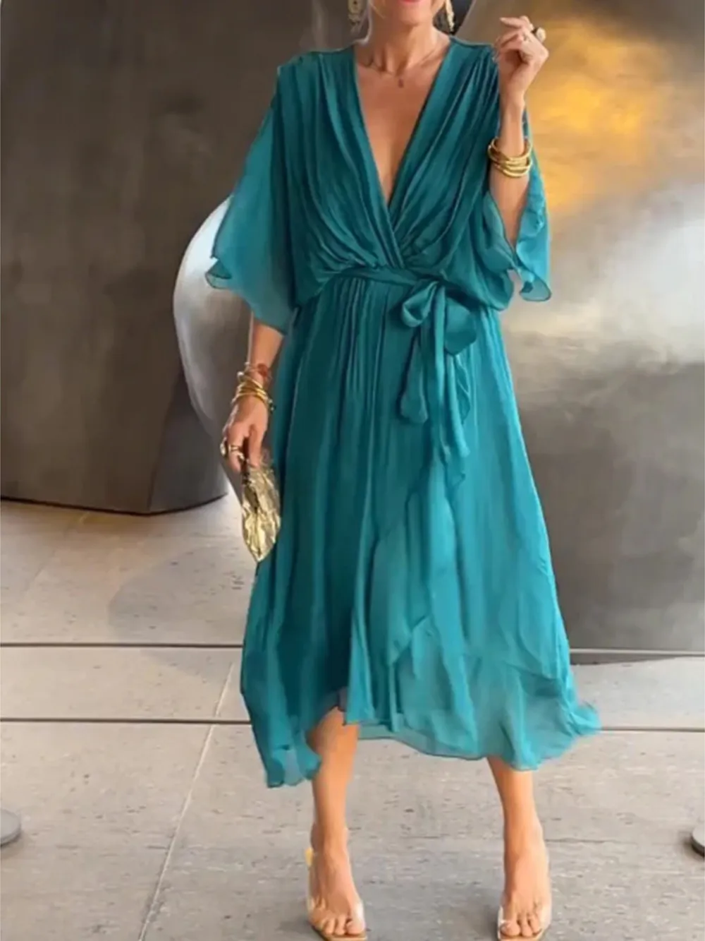 Full Size Flowy Tie Front Midi Dress with Flutter Sleeves Plus Size, image 23