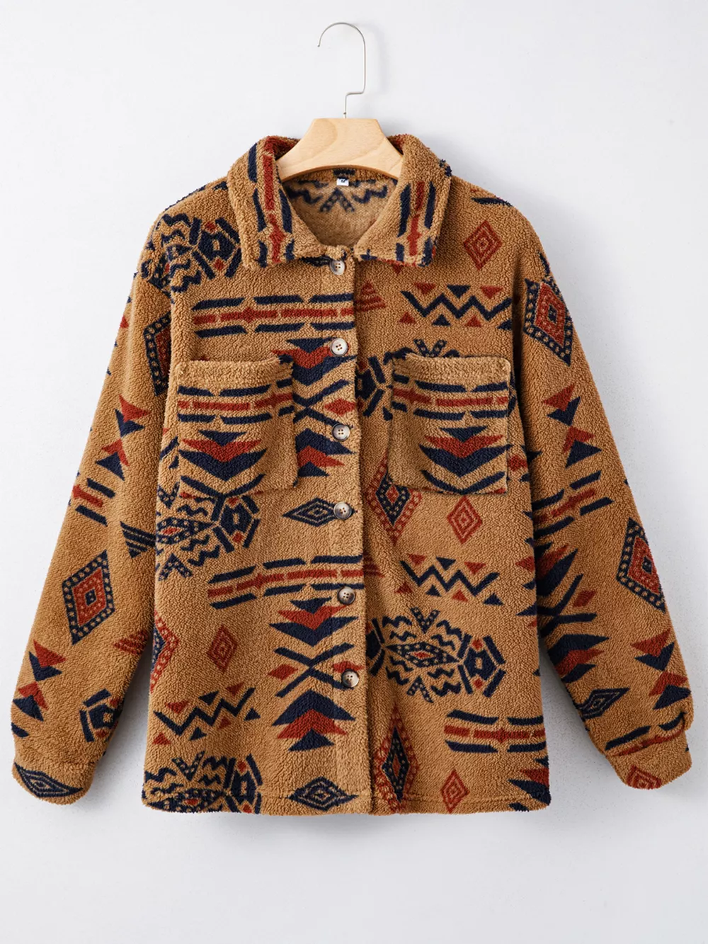 Western Aztec Pattern Fleece Button-Up Shacket, image 8