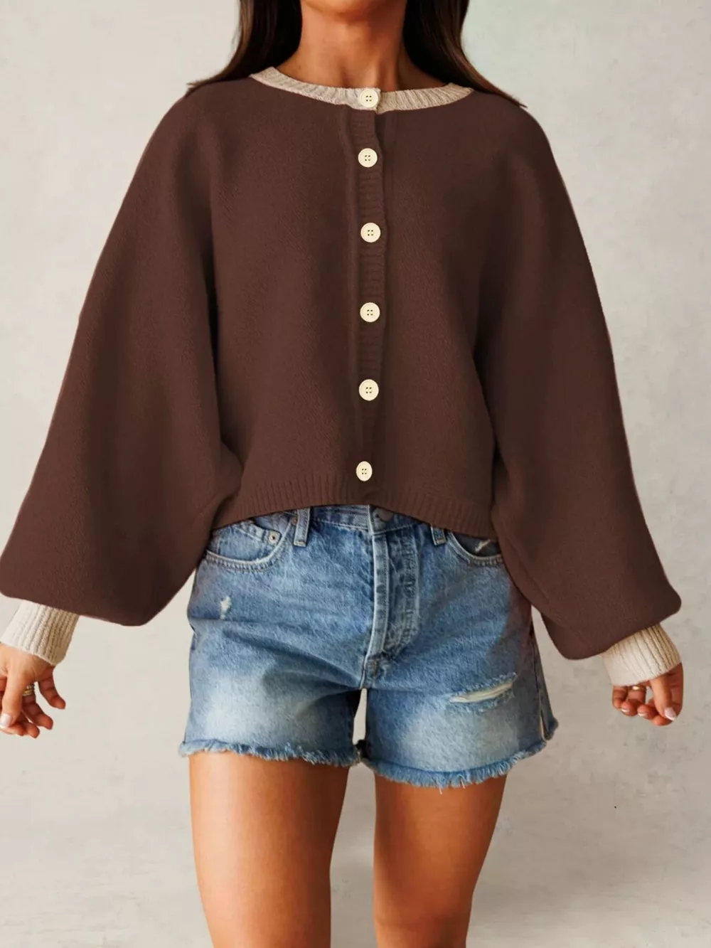 Button-Front Knit Cardigan with Contrast Trim, image 3