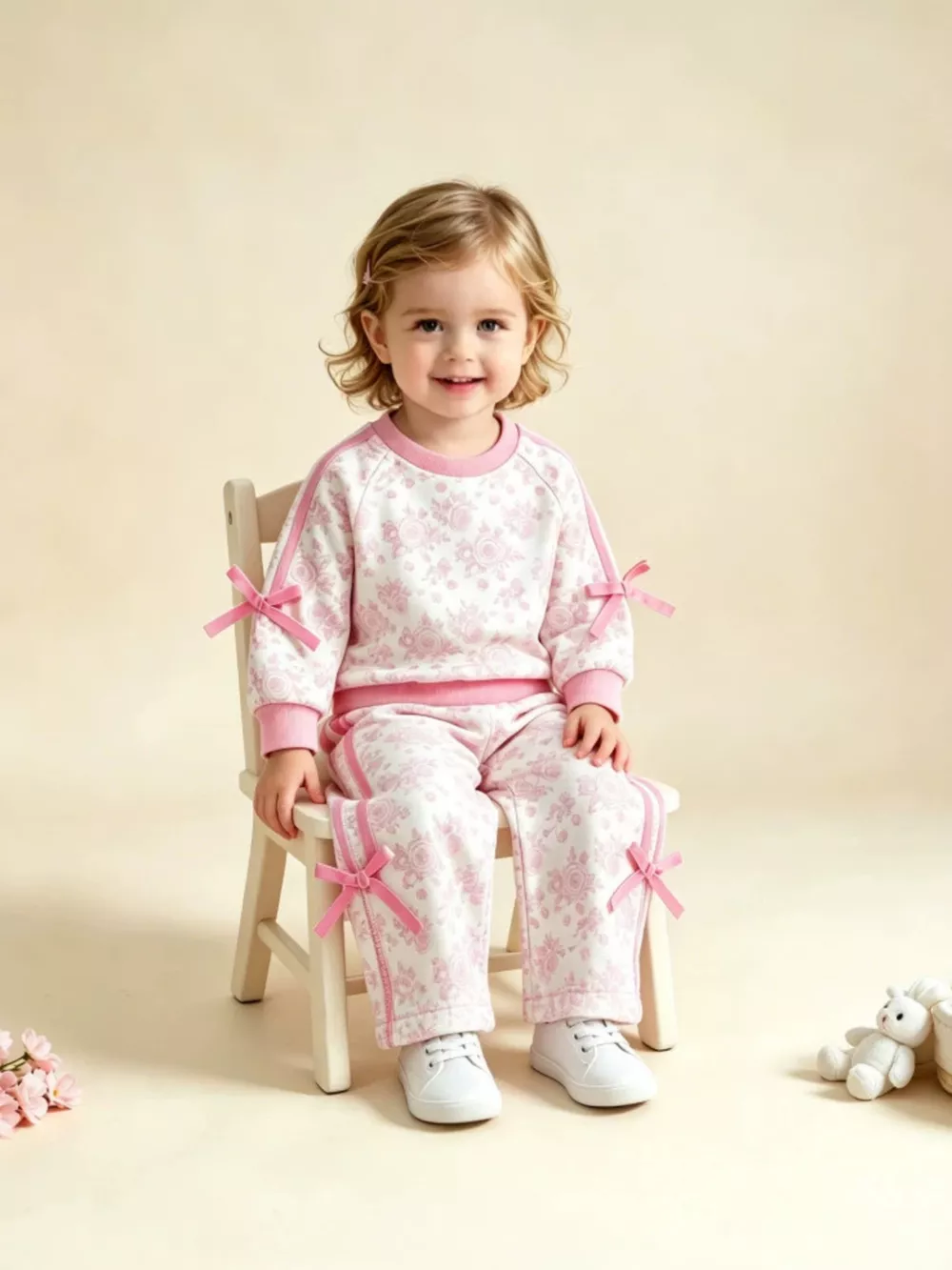 Children's Floral Print Round Neck Top and Pants Two-Piece Lounge Set, image 4