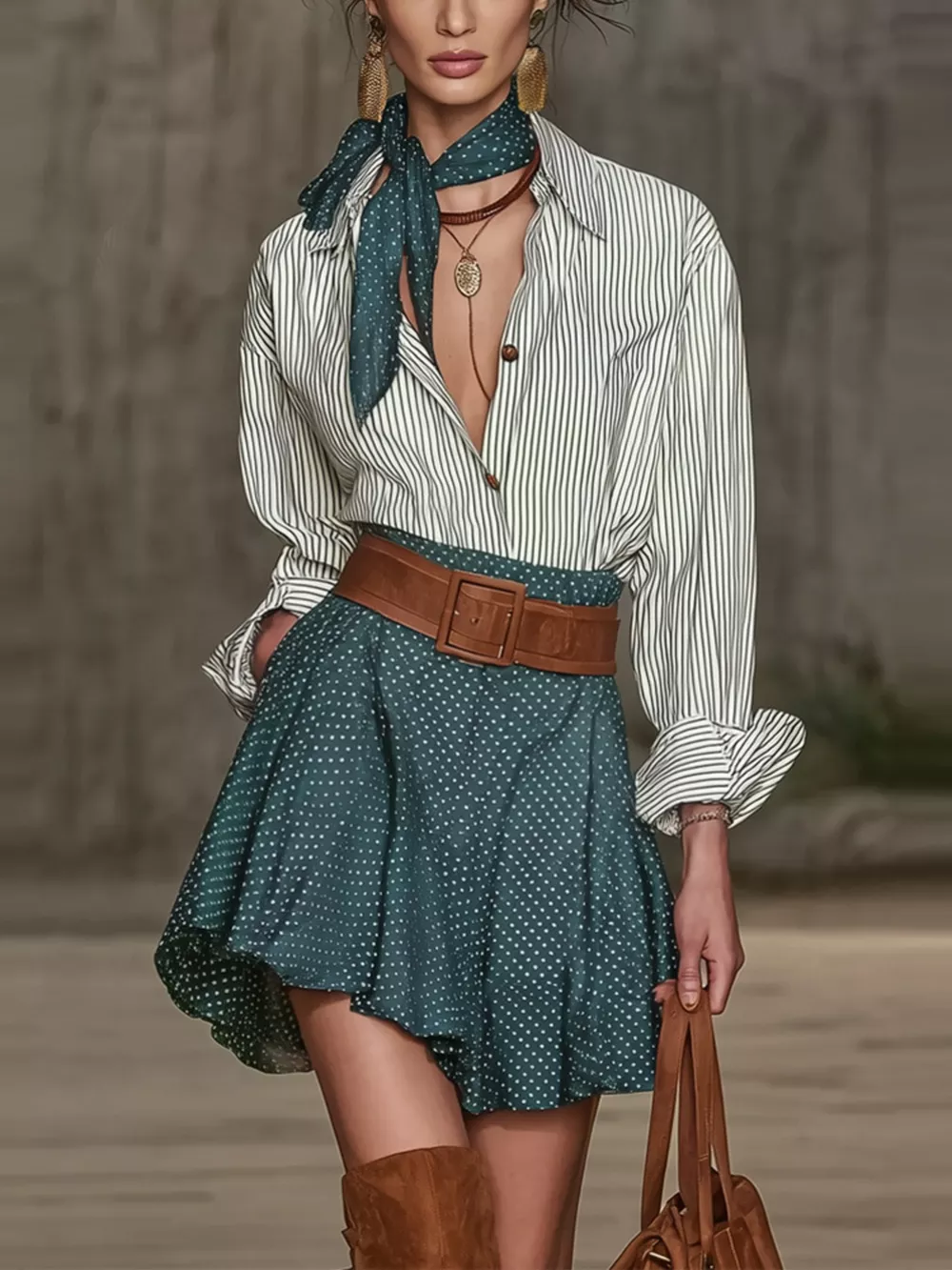 Button Up Shirt and Polka Dot Skirt Set