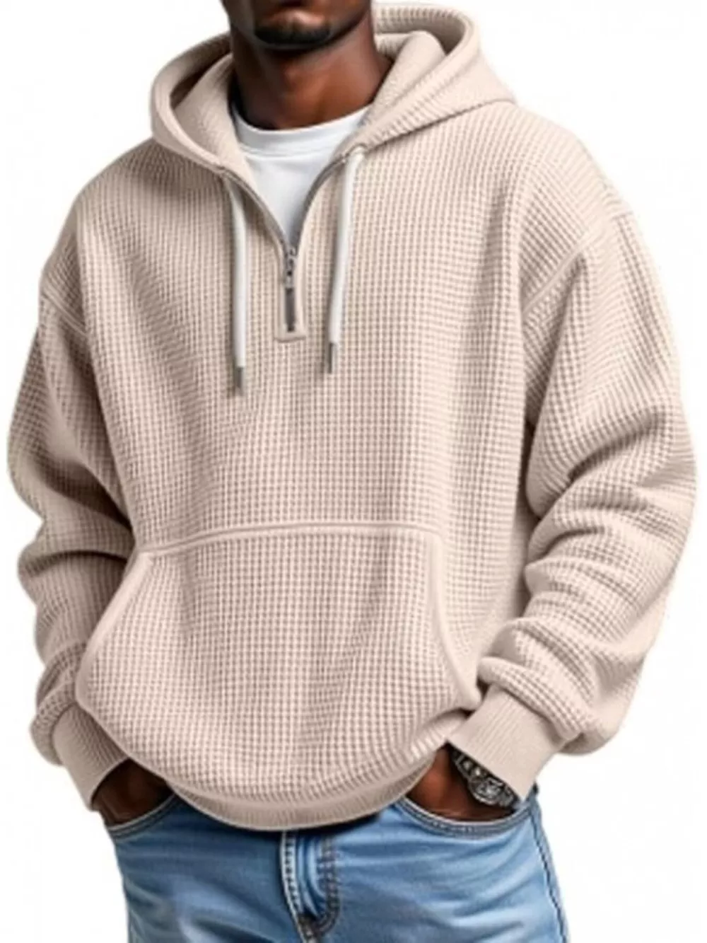 Men's Full Size Waffle Knit Quarter Zip Hoodie Plus Size, image 9