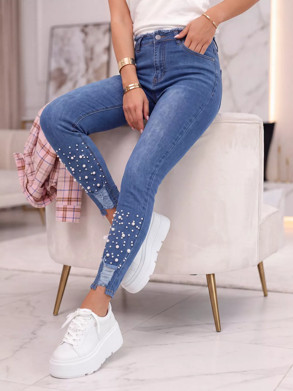 High-Waisted Pearl Embellished Skinny Jeans, image 2