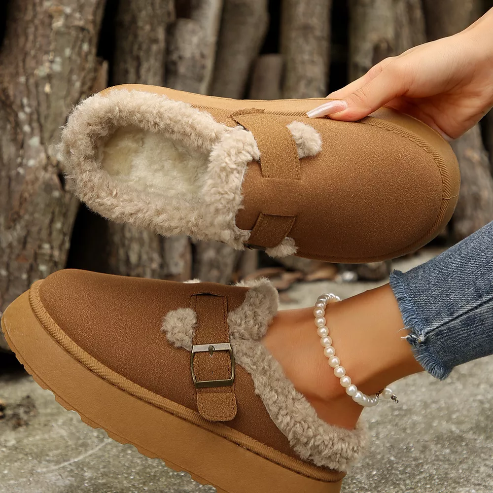 Fuzzy Trim Buckle Platform Slippers, image 9