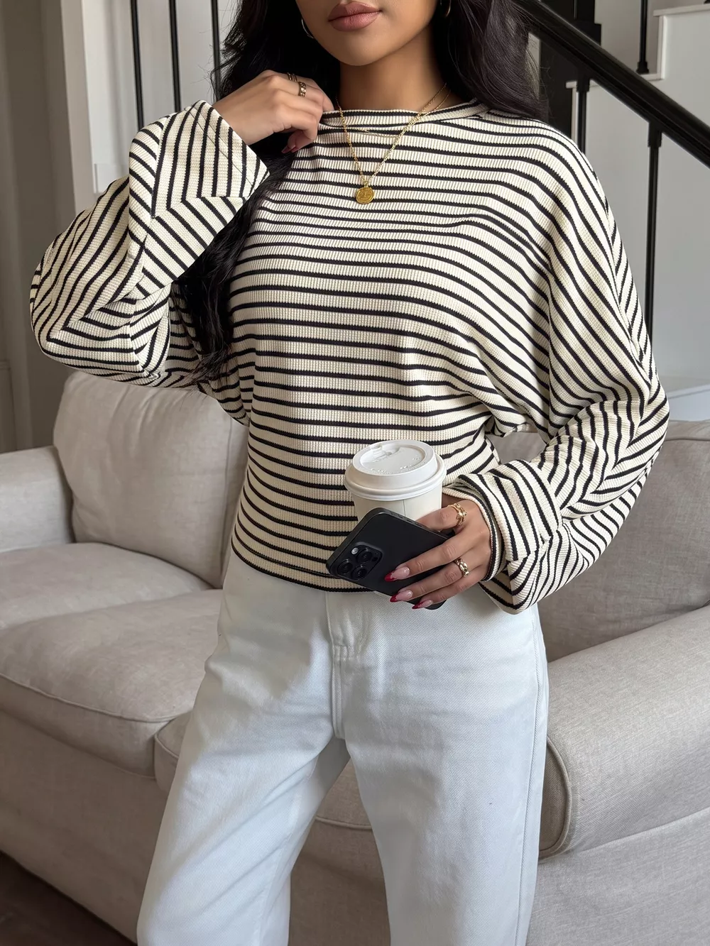 Striped Batwing Sleeve Crew Neck T-Shirt, image 4