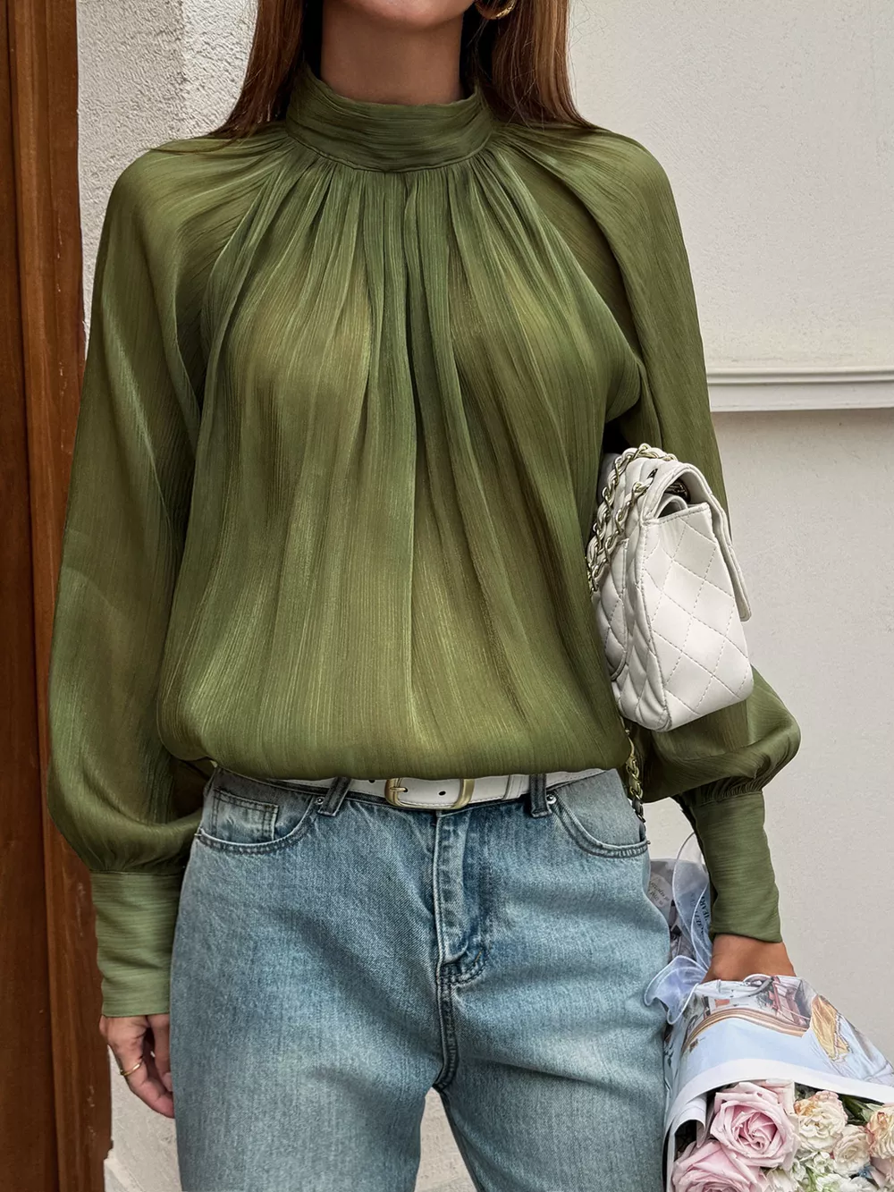Mock Neck Lantern Sleeves Blouse, image 4