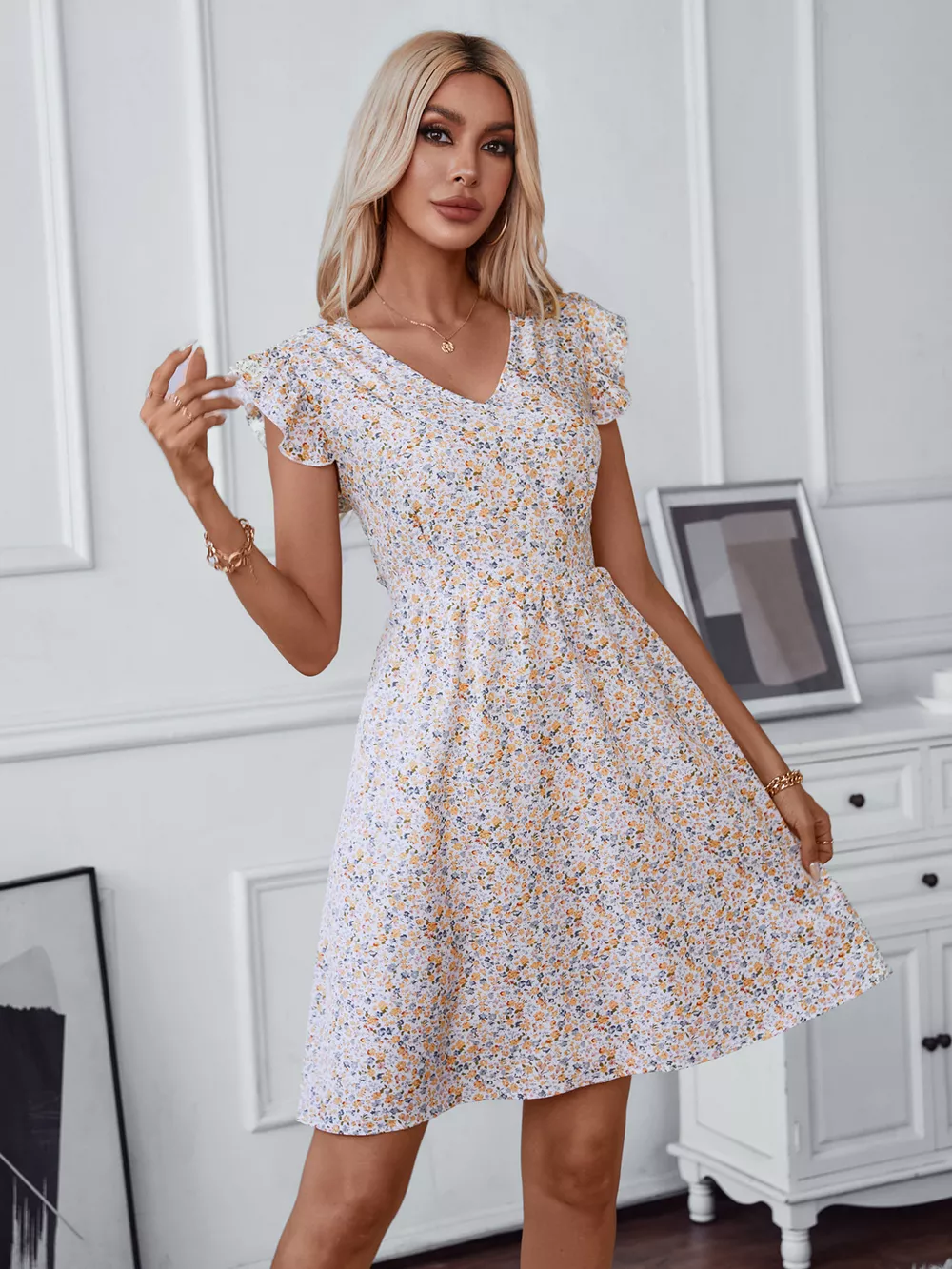 Floral Print Lace Trim Tie Back Mini Dress, image 4