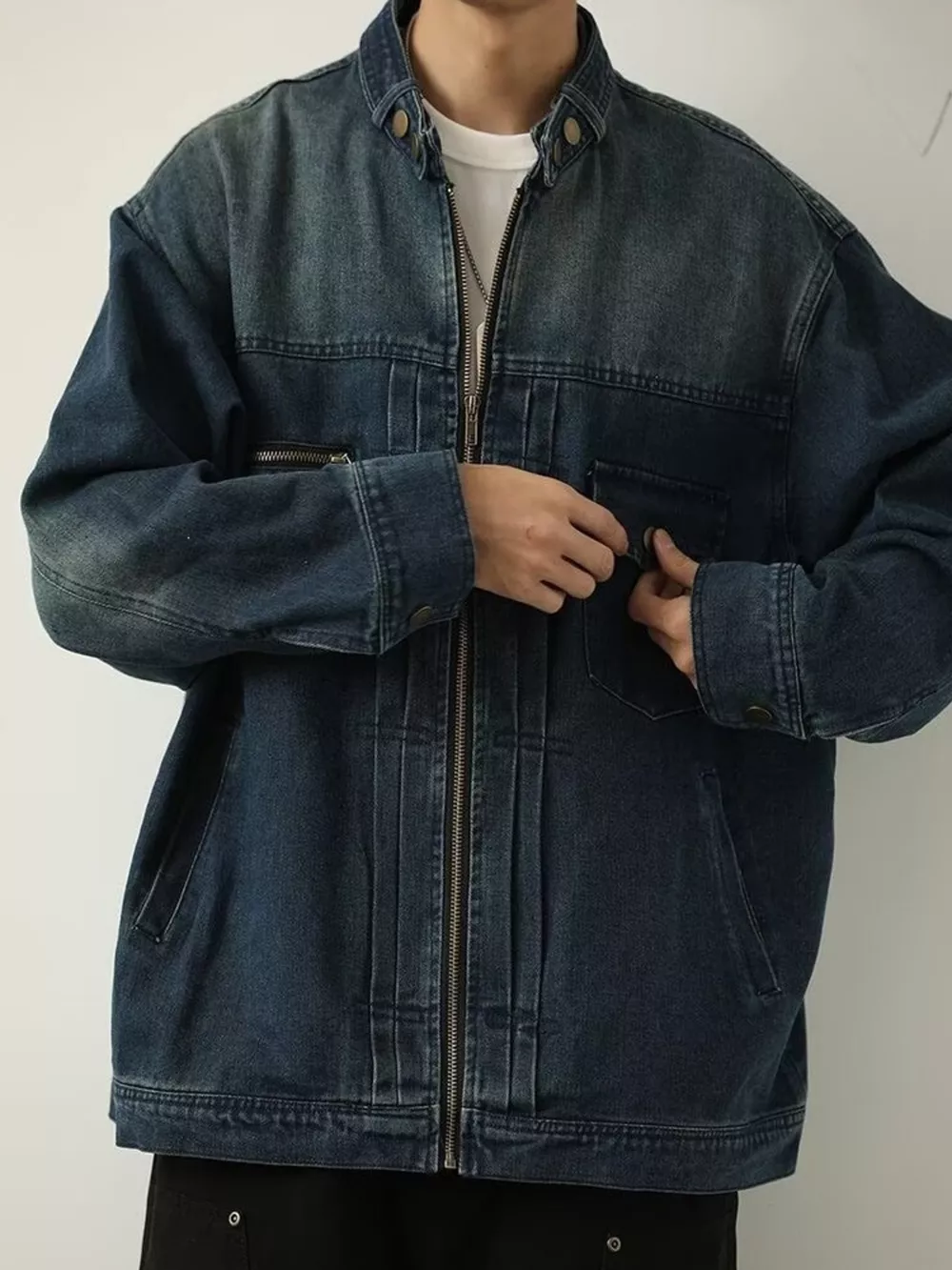 Men's Full Size Washed Zip Up Denim Jacket Plus Size, image 3