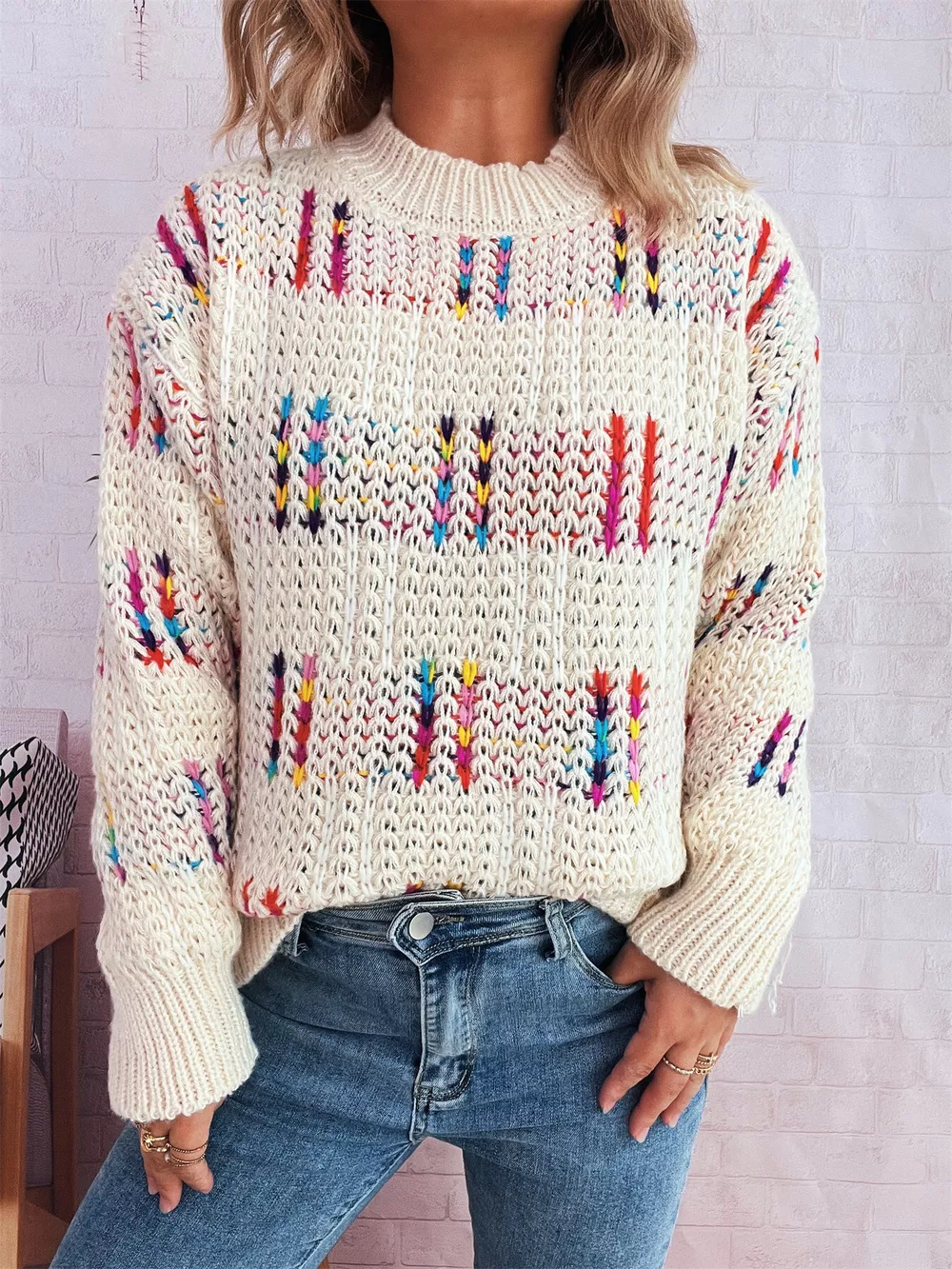 Colorful Round Neck Long Sleeve Sweater, image 5