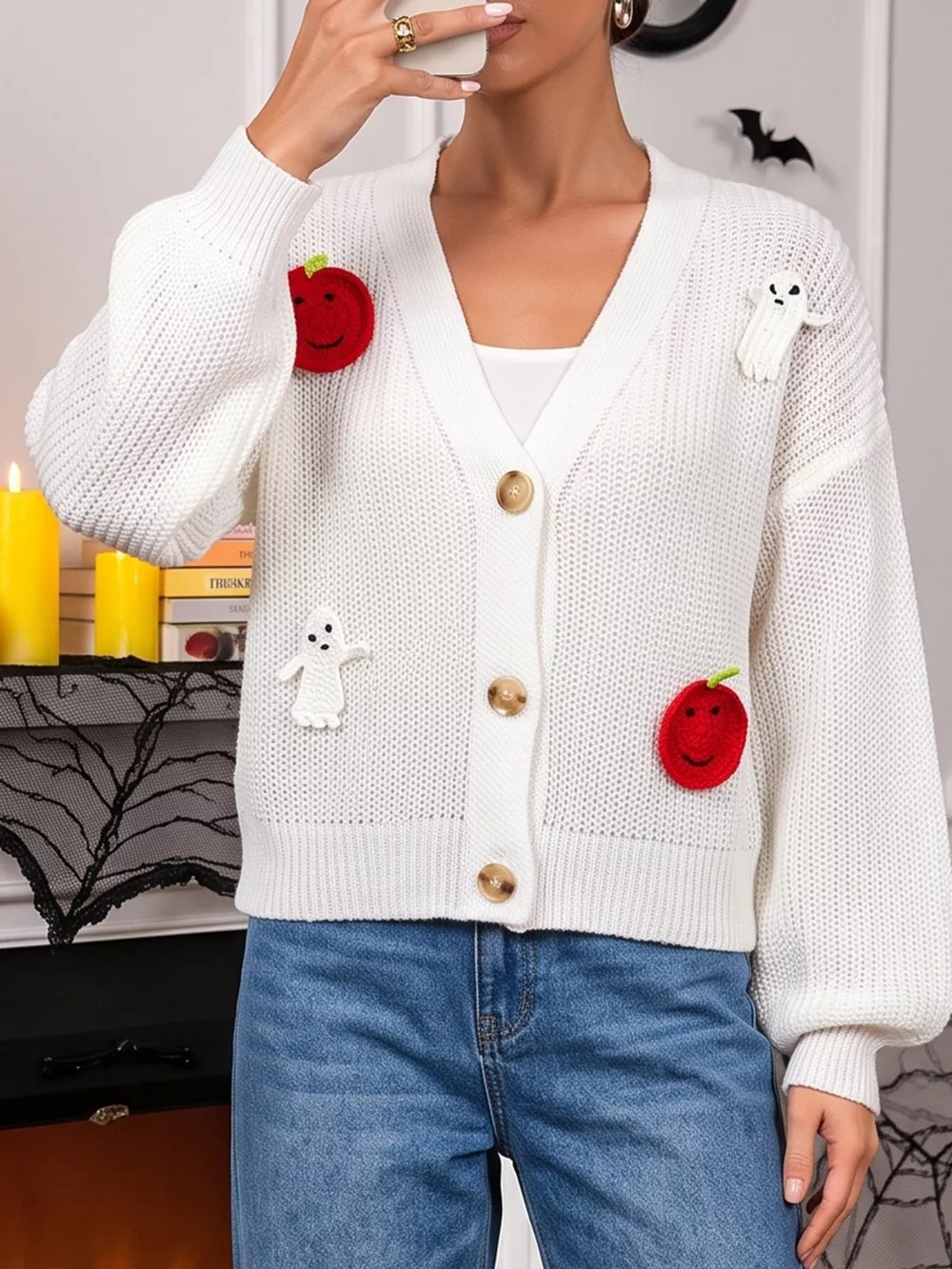 Halloween Pumpkin and Ghost Applique Knit Cardigan, image 7