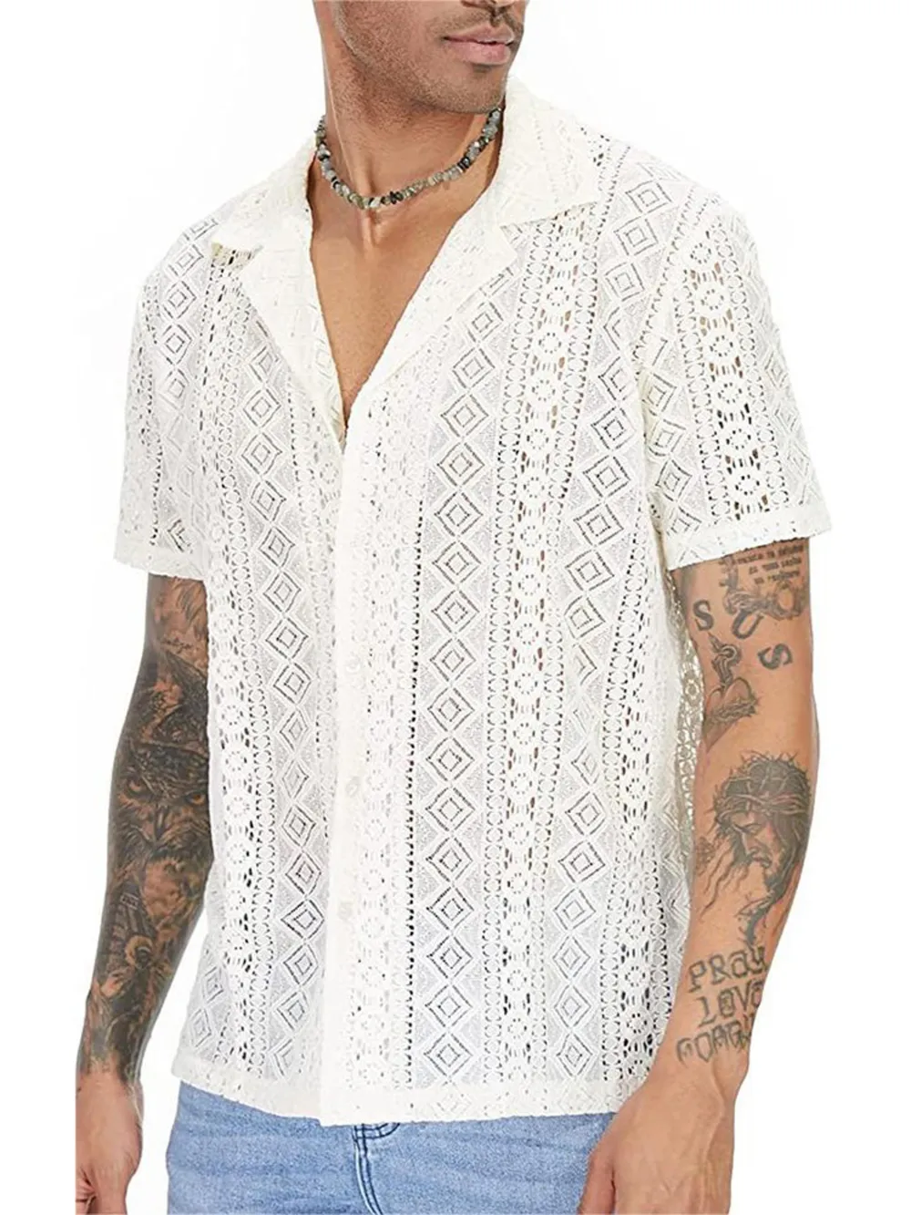 Men's Full Size Lace Button Up Short Sleeve Shirt Plus Size, image 4