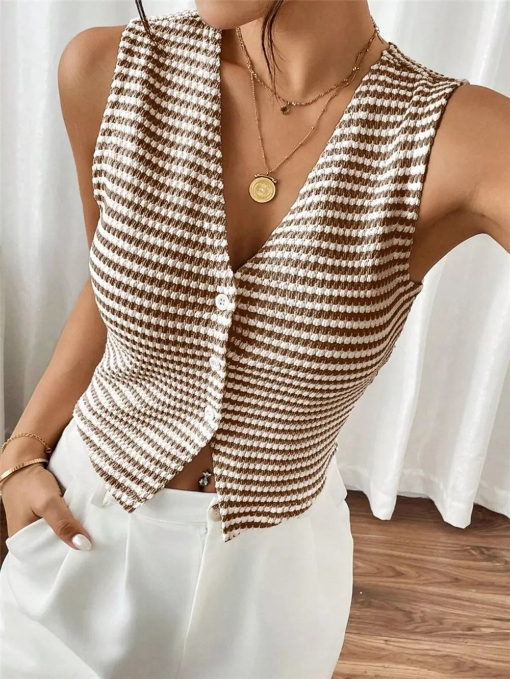Striped Knit V-Neck Vest, image 14