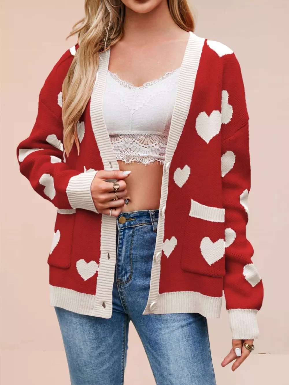 Heart Pattern V-Neck Button-Down Knit Cardigan, image 5
