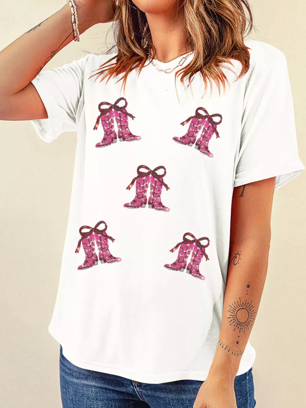 Sequined Cowgirl Boots Patched Custom Print T Shirt, image 2