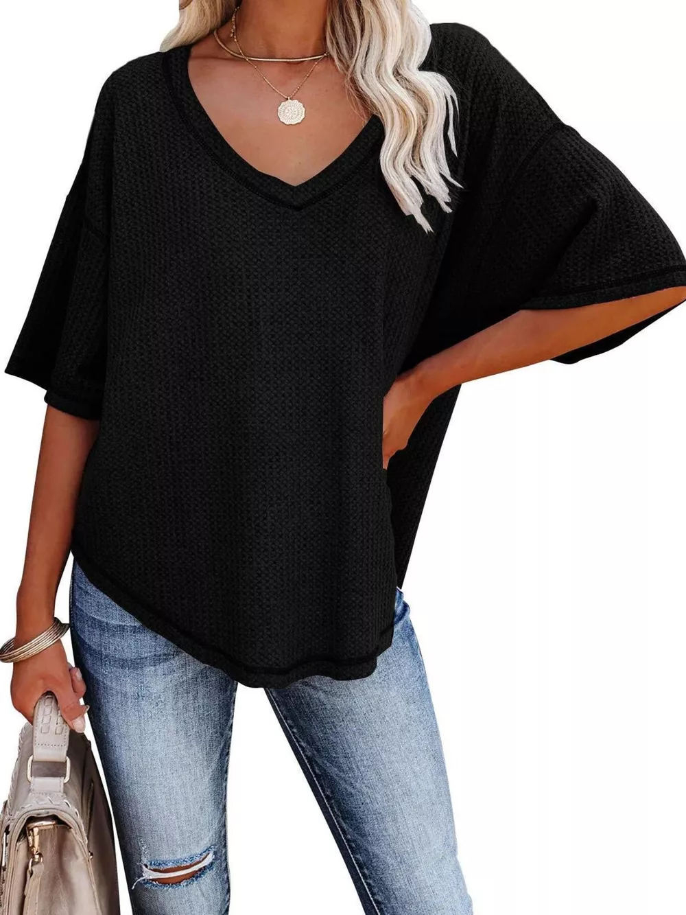 Waffle Knit V-Neck Short Sleeve T-Shirt, image 3