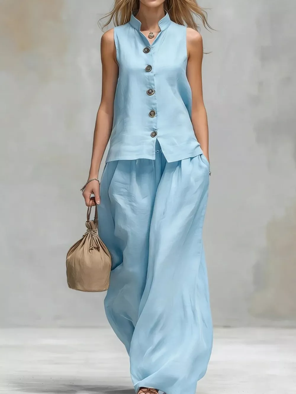 Sleeveless Button-Down Top and Wide-Leg Pant Set, image 5