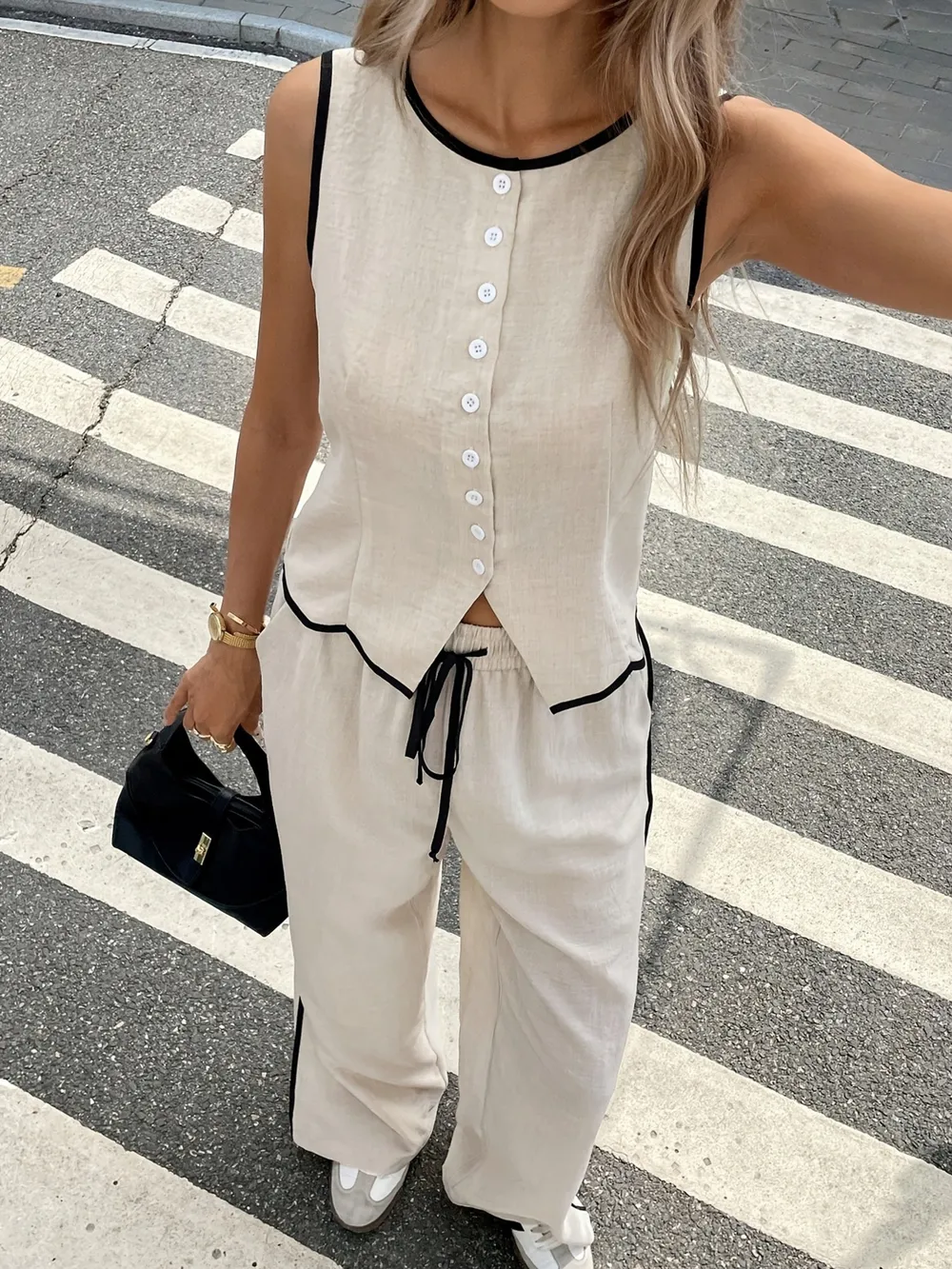 Casual Button-Up Tank and Wide-Leg Pants Set, image 6
