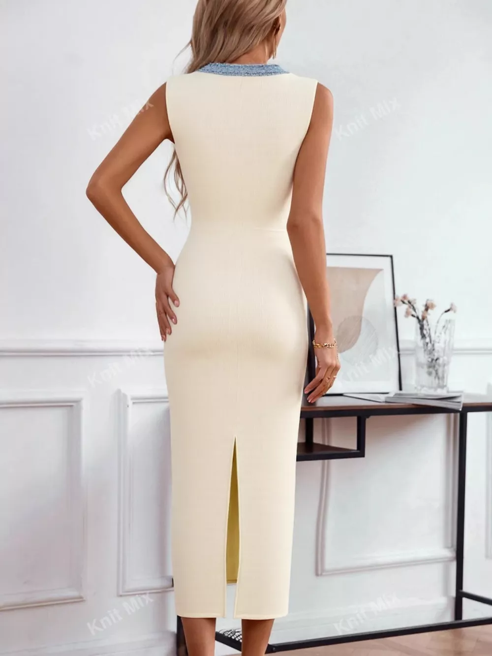 Slit Contrast Notched Sleeveless Dress, image 4