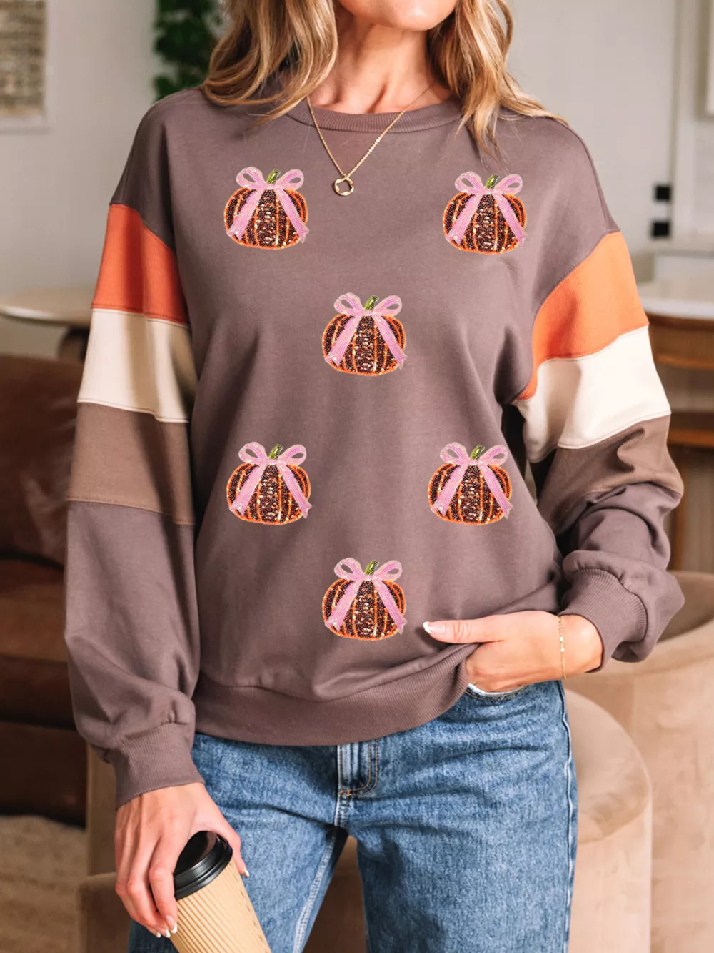 Sequin Bow Pumpkin Round Neck Sweatshirt