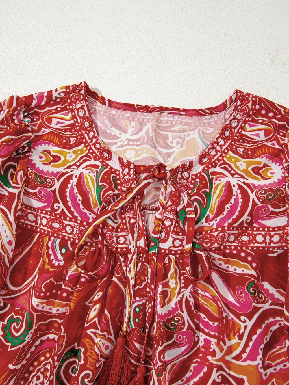 Multicolour Ethnic Paisley Print Tassel Tie Puff Sleeve Boho Blouse, image 11