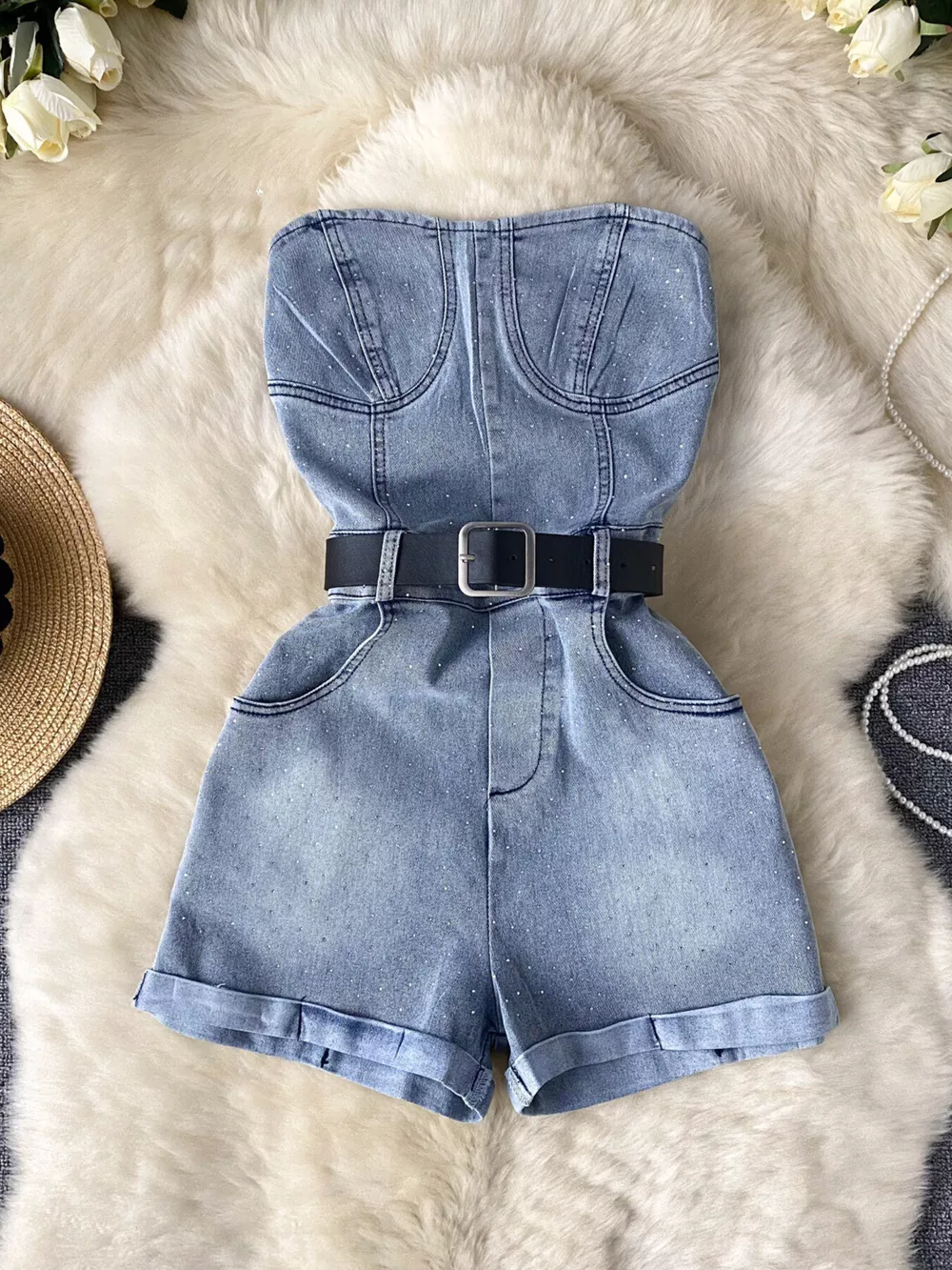 Strapless Denim Romper with Pockets, image 2
