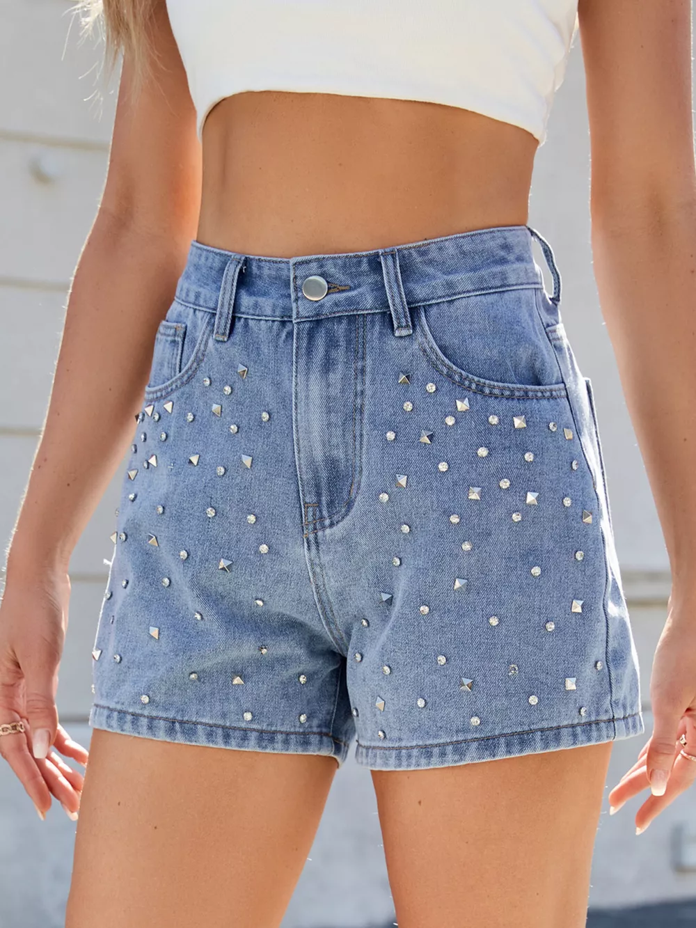 Studded High Waist Denim Shorts, image 7