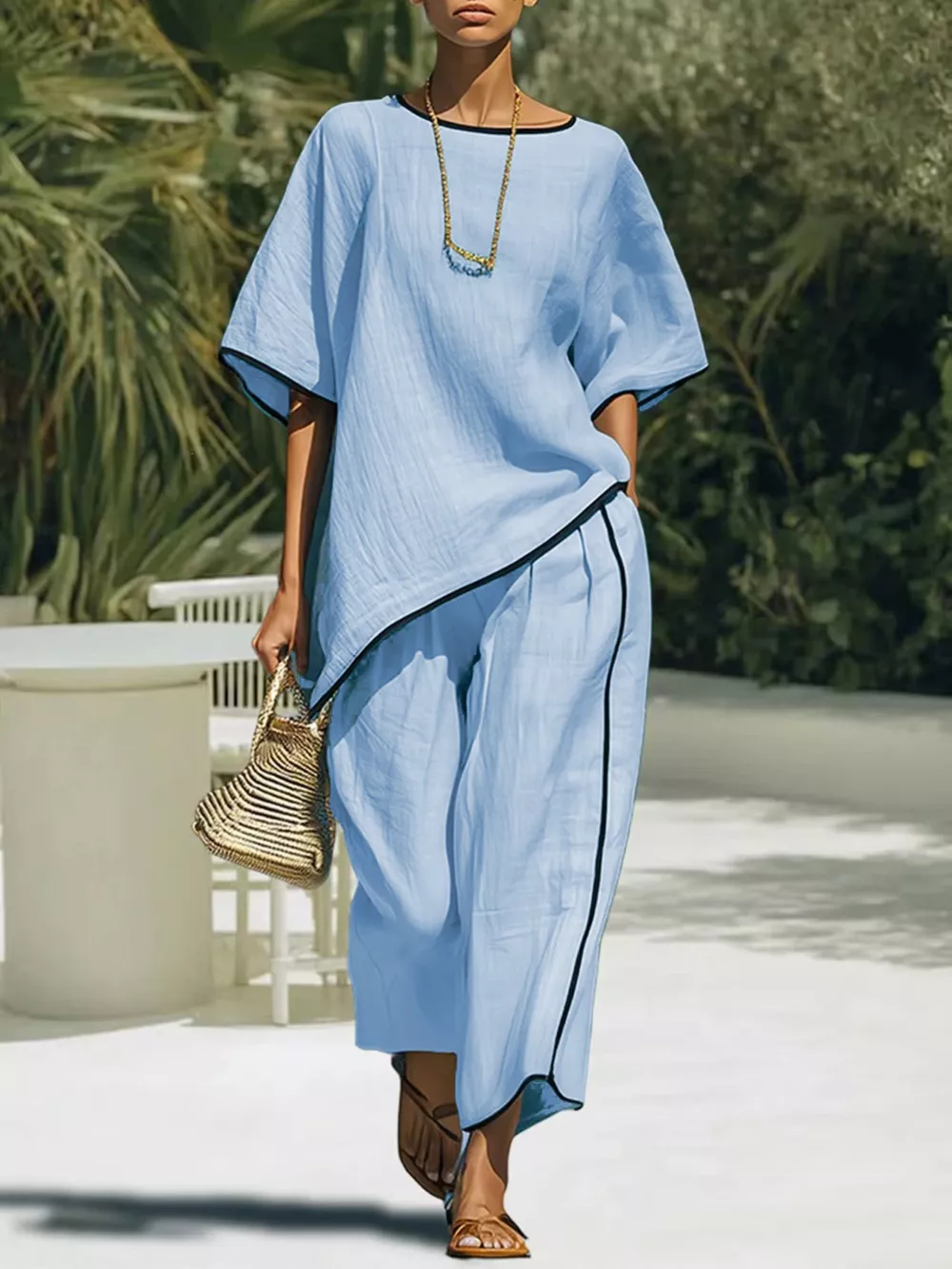 Contrast Trim Round Neck Top and Pants Set, image 4