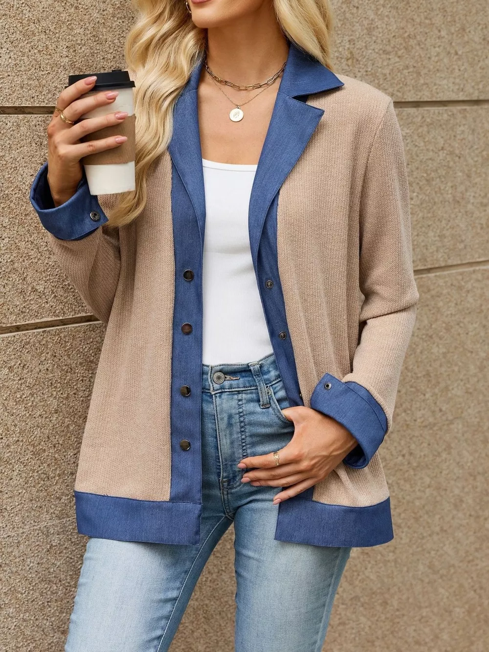 Contrast Denim Lapel Collar Outerwear, image 16