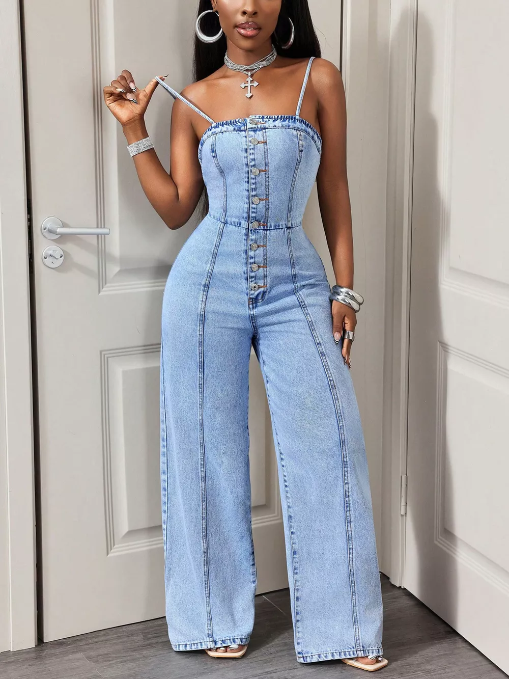 Button-Down Wide Leg Denim Jumpsuit, image 2