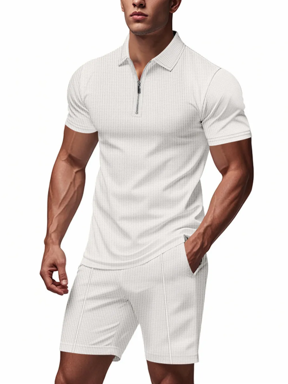 Men's Plus Size Quarter Zip Short Sleeve Top and Shorts Set, image 12