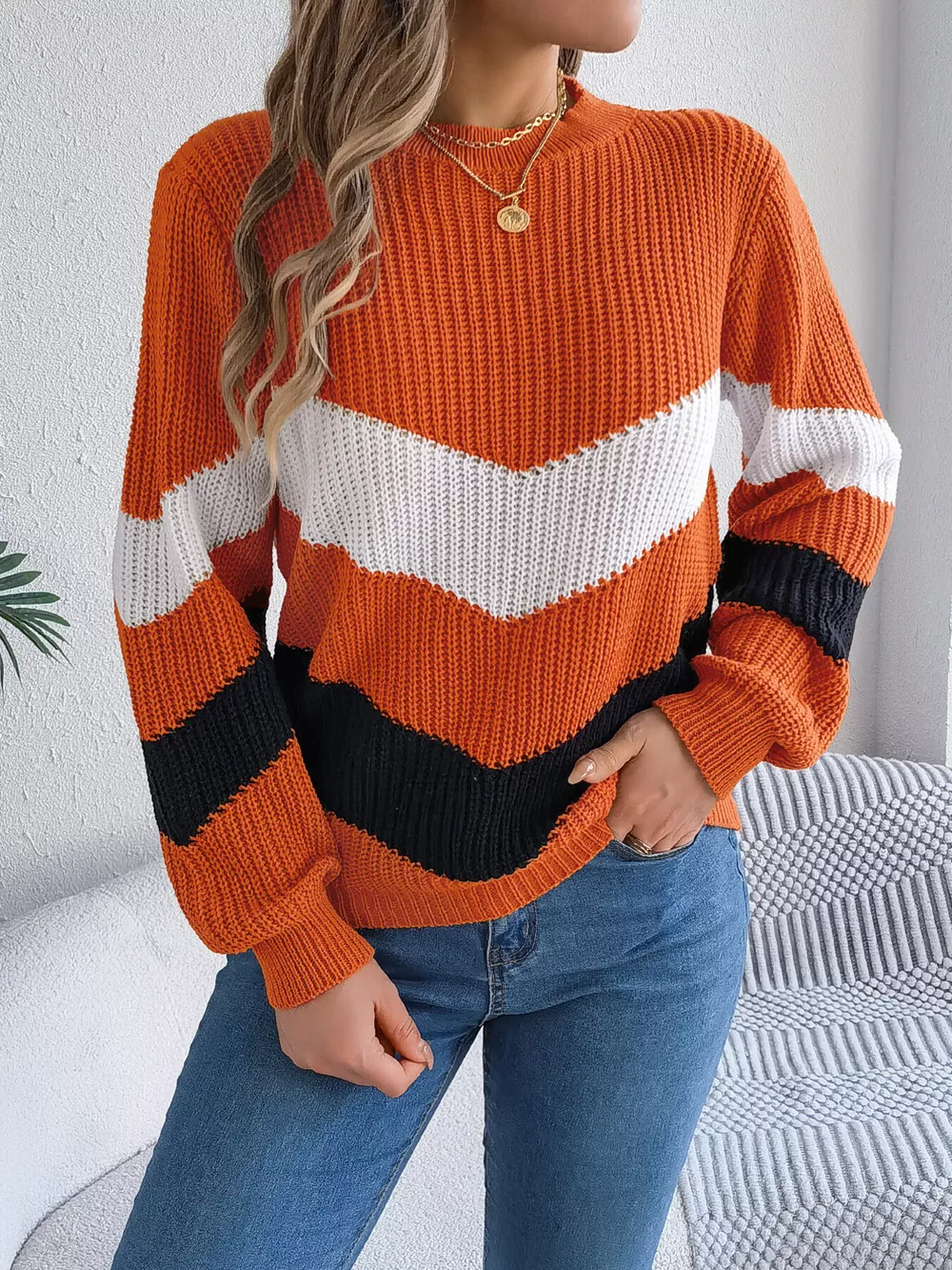 Chevron Stripe Color Block Round Neck Sweater, image 8