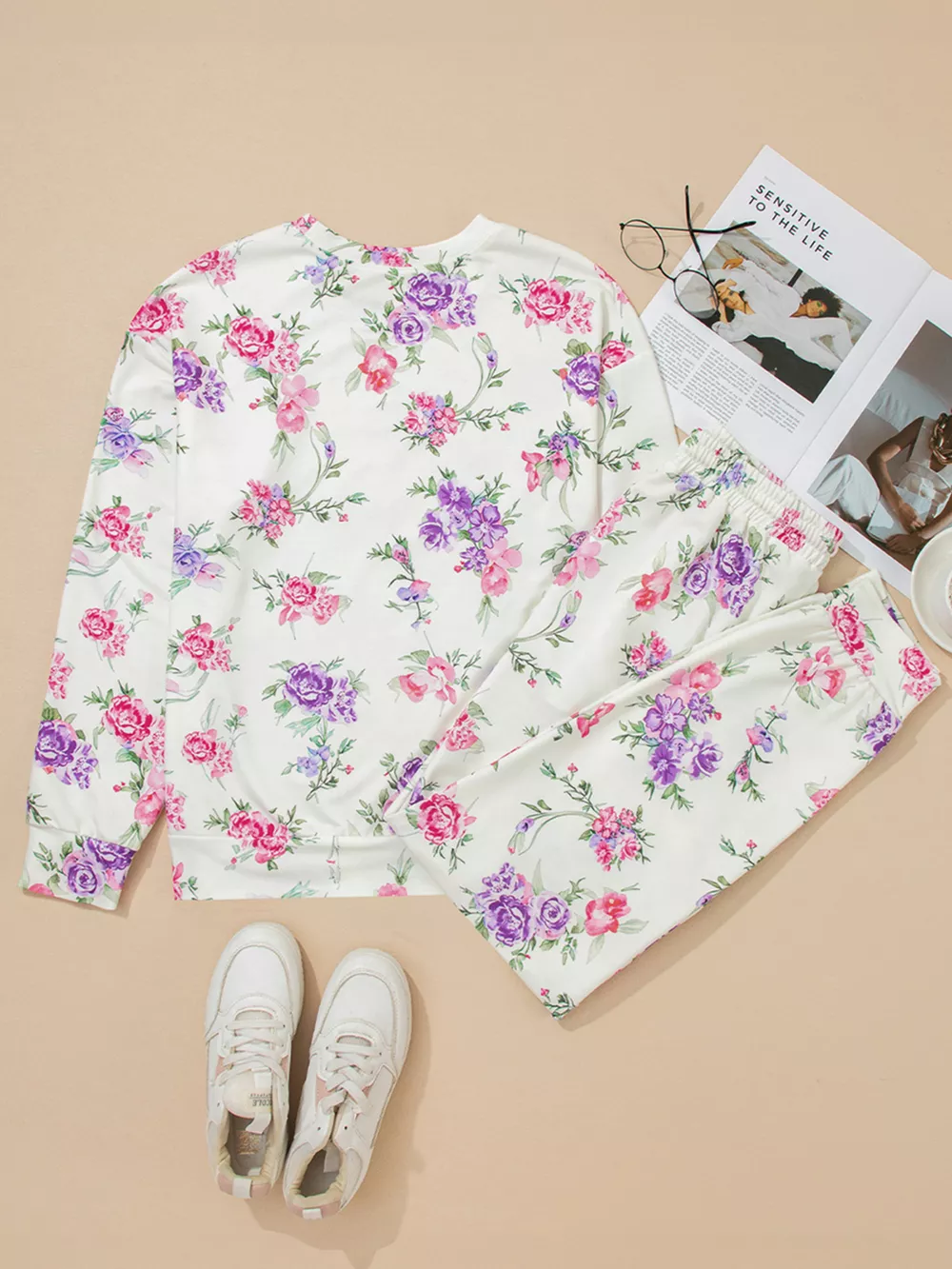 Floral Print Round Neck Top and Drawstring Pants Lounge Set, image 8