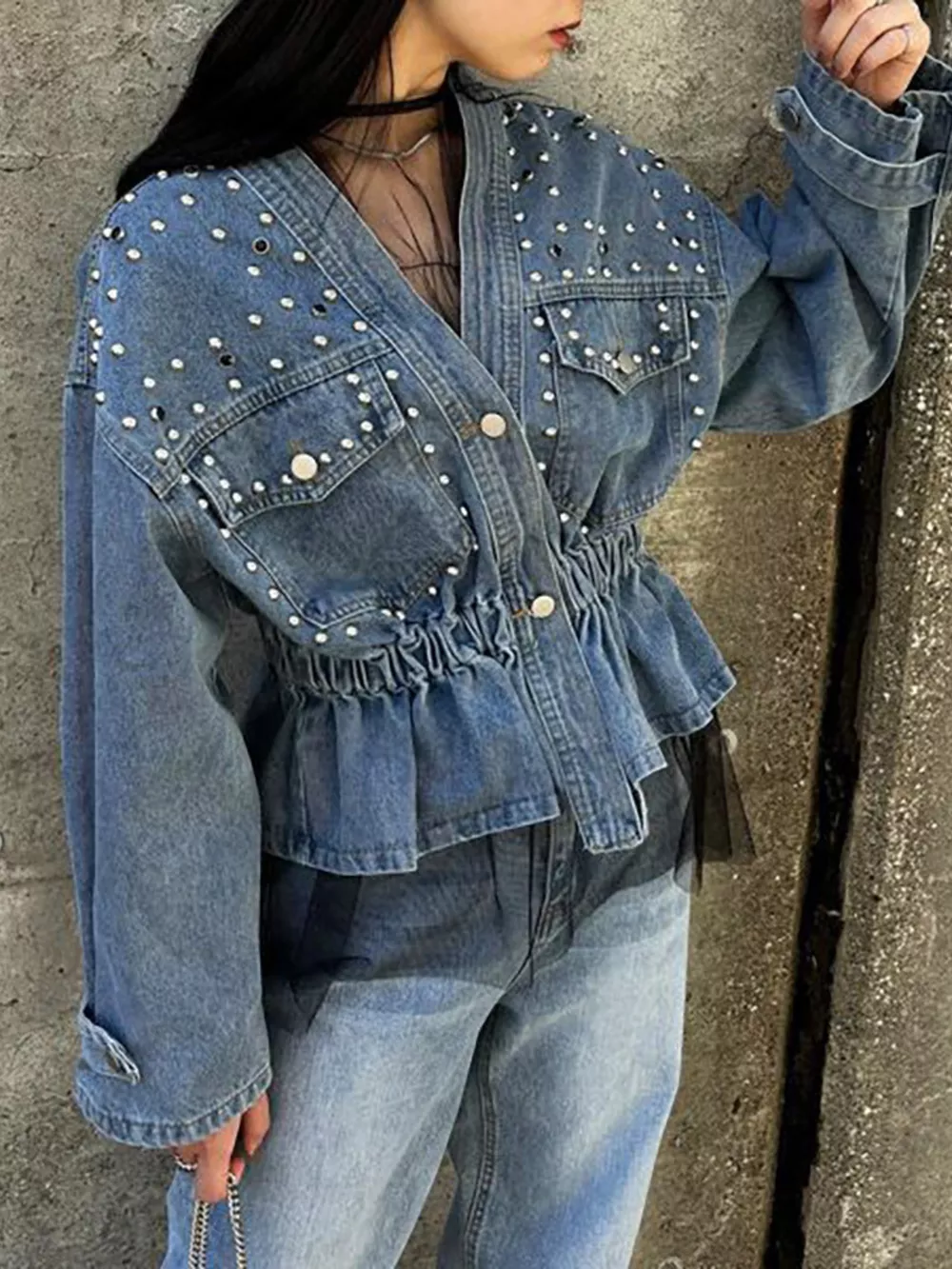 Studded Button Up Denim Jacket, image 2