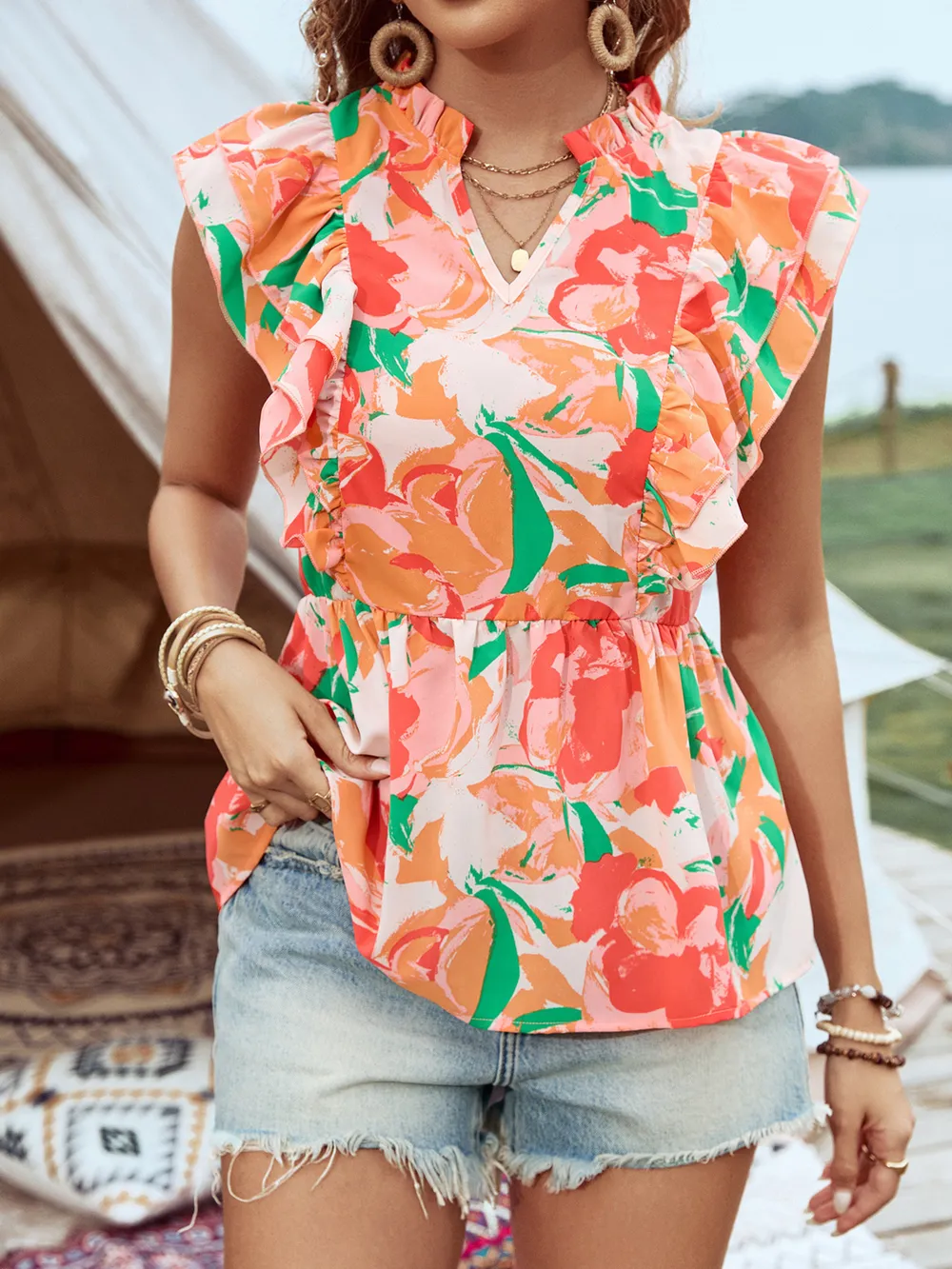 Floral Ruffle Cap Sleeve Blouse, image 4