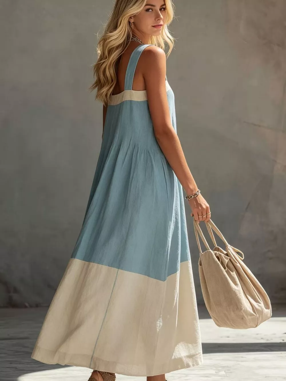 Color-Block Sleeveless Linen-Blend Midi Dress, image 2