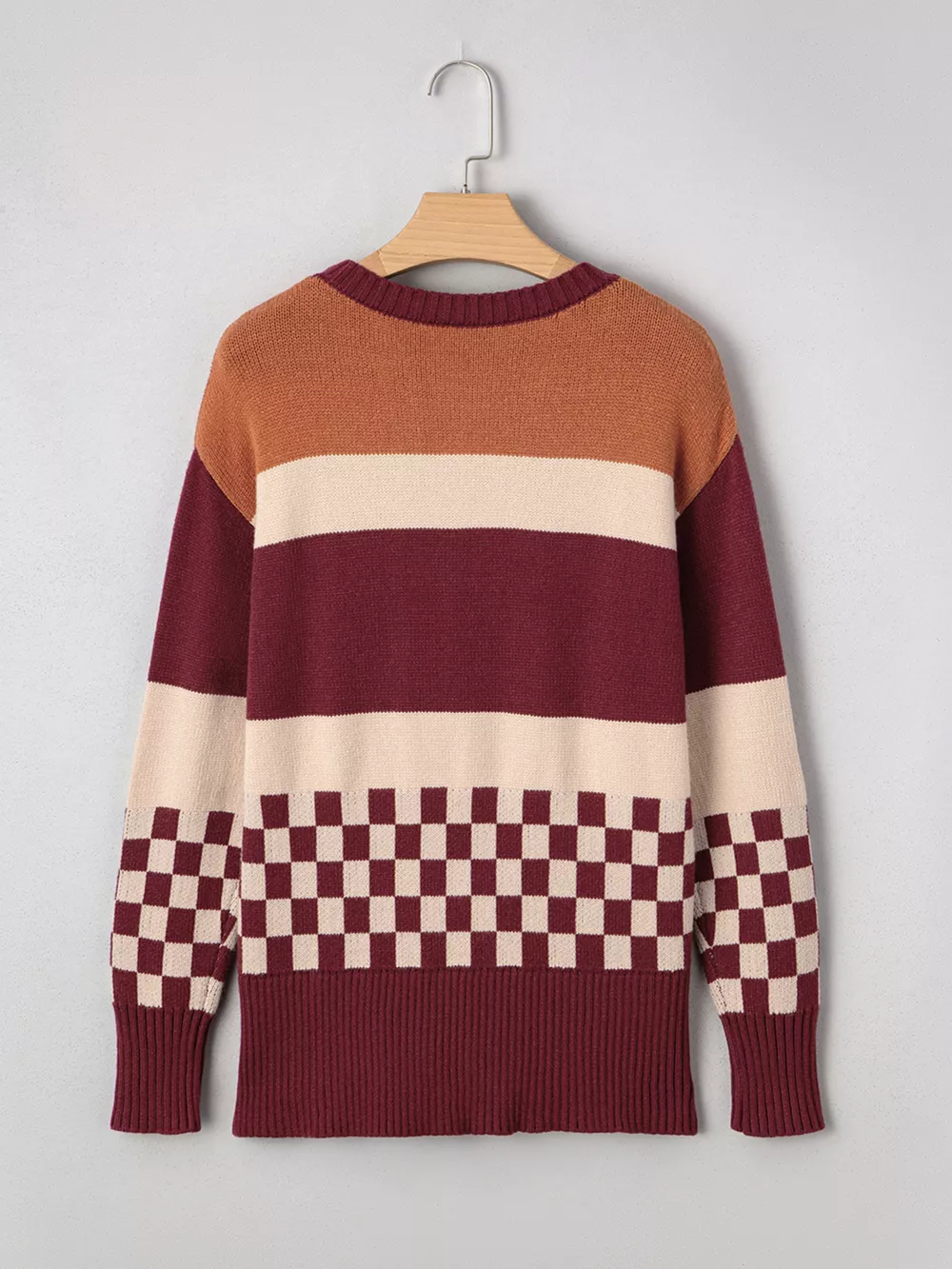 Checkered Color Block Knitted Drop Shoulder Sweater, image 9